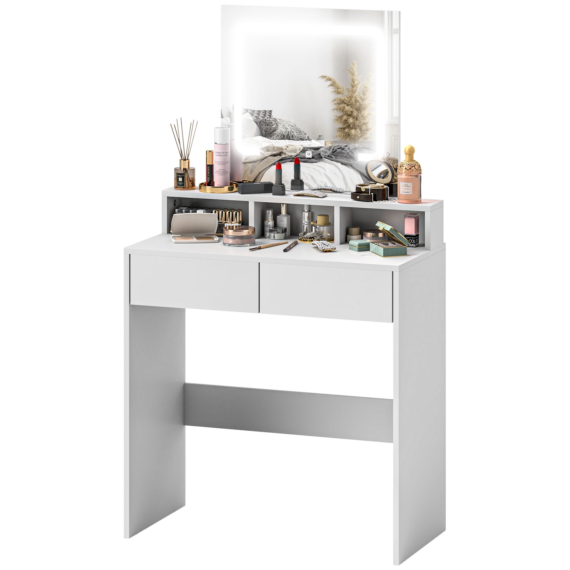 Zee Makeup Vanity Desk with Mirror and LED Lights, for Bedroom, Modern Dressing Table with Drawers, Compartments, White