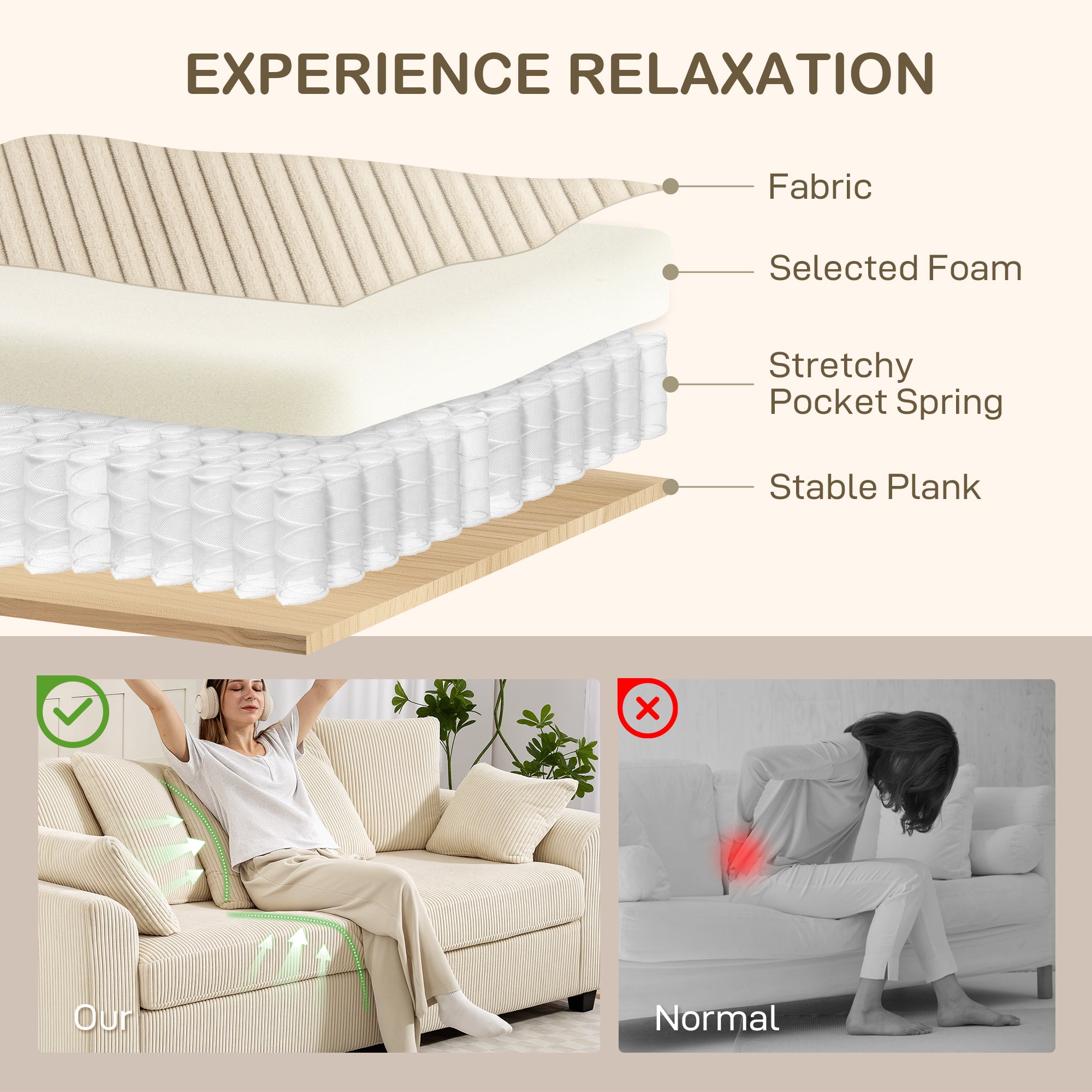 Ramsey Modern Corduroy 3 Seater Sofa with 8 Removable Pillows-Beige