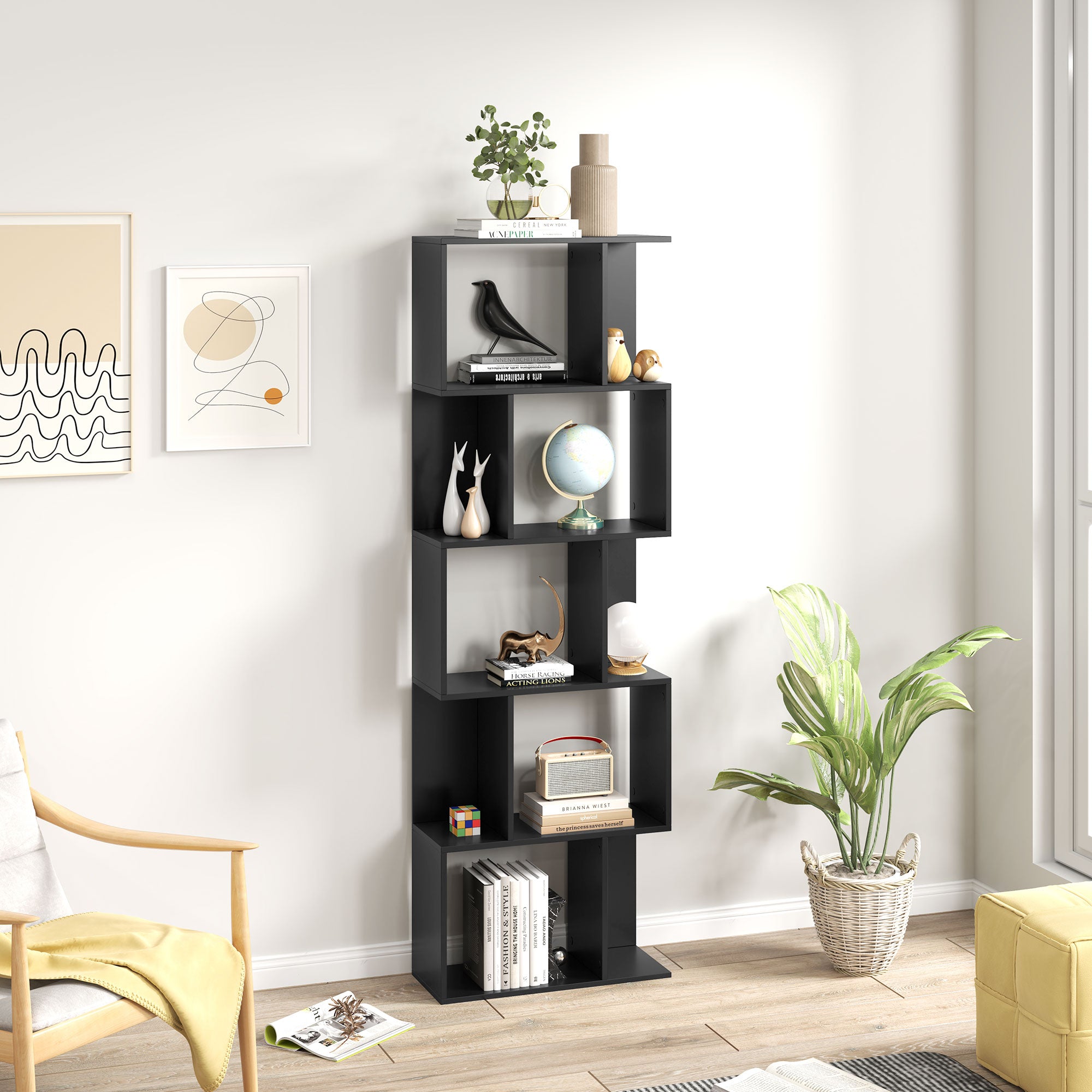 Nevada Modern 5-Tier Geometric S-Shaped Bookcase-Black