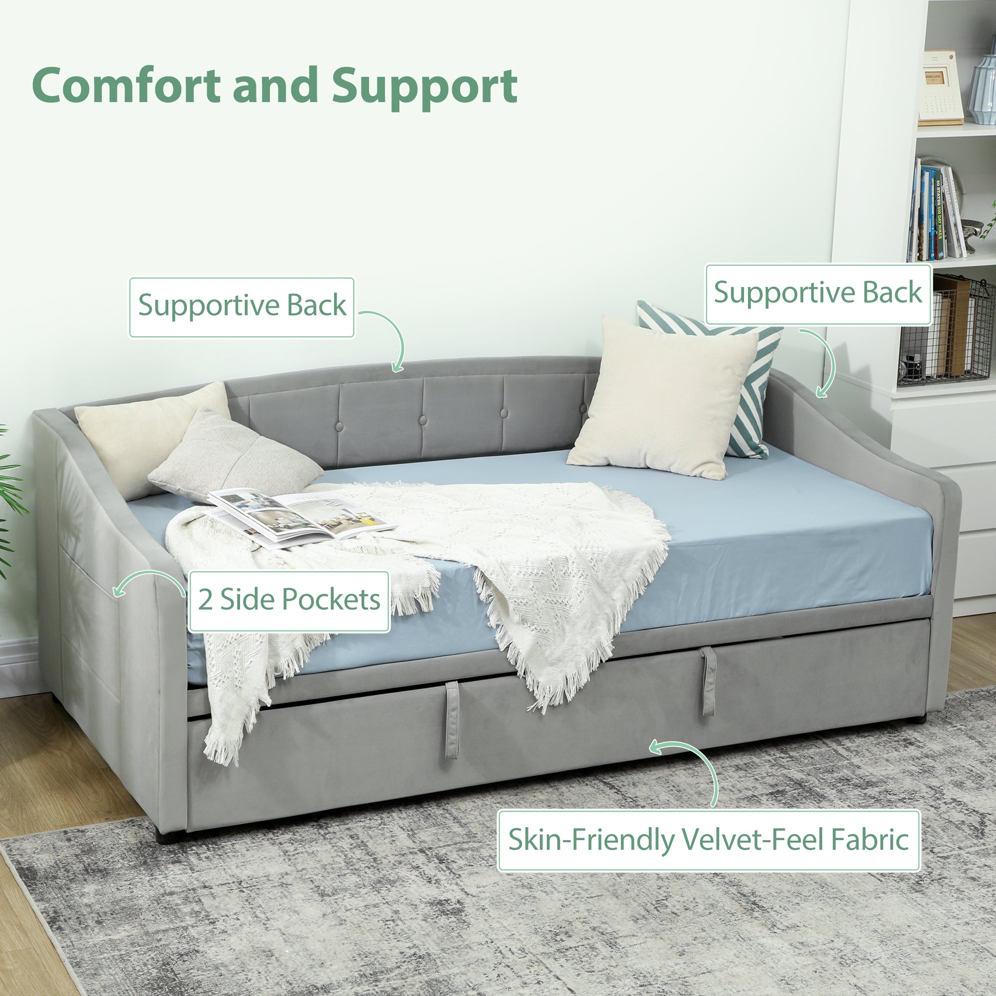 Atlas Upholstered Twin Size Trundle Bed, Velvet Twin to King Day Bed with Pop Up Trundle, Headboard and 2 Pockets-Light Grey