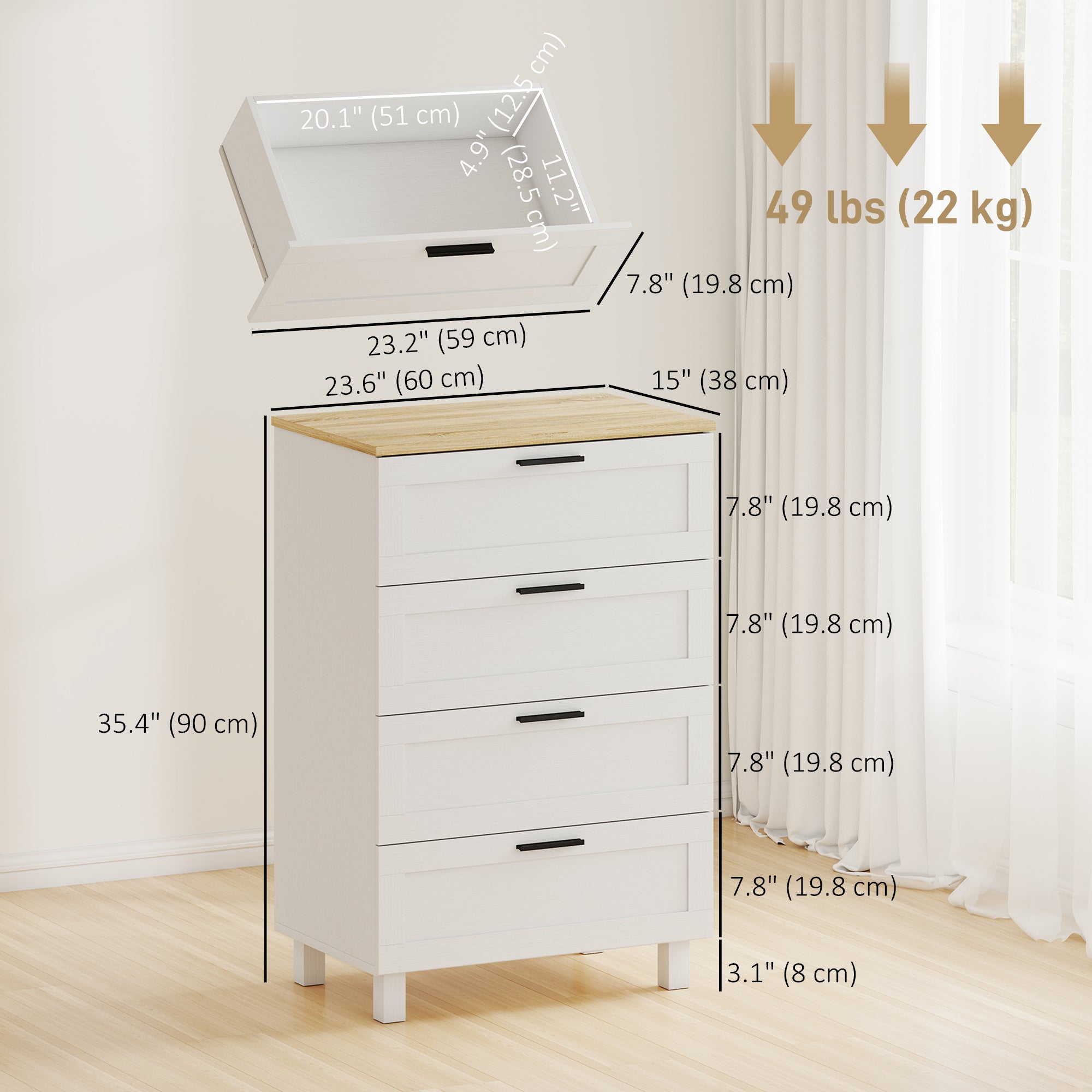 Taylor Chest for Bedroom with 4 Drawers, Chest of Drawers with Solid Wood Legs for Closet, Living Room, Entryway, White