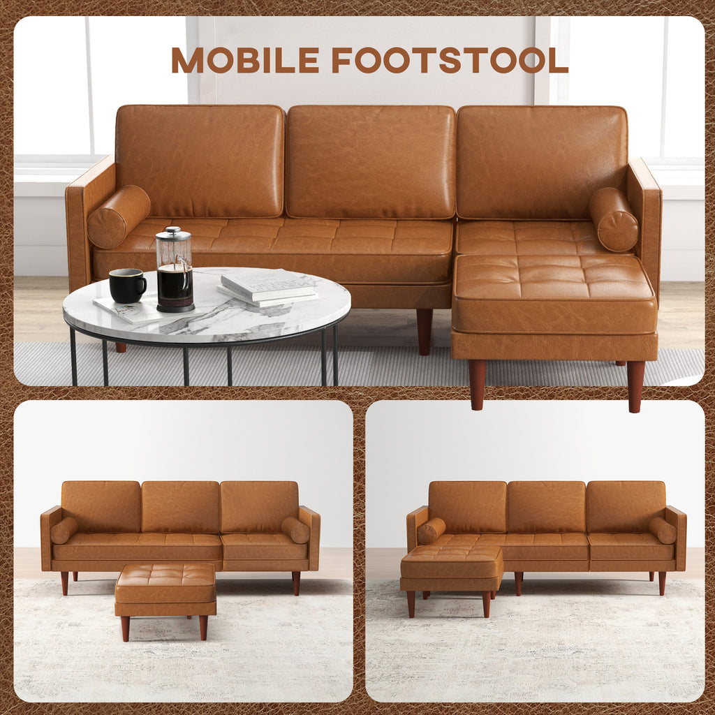 Reuben Faux Leather  Sectional-Sofa with movable Footstool and 2 Bolster Pillows-Brown