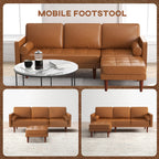 Reuben Faux Leather  Sectional-Sofa with movable Footstool and 2 Bolster Pillows-Brown