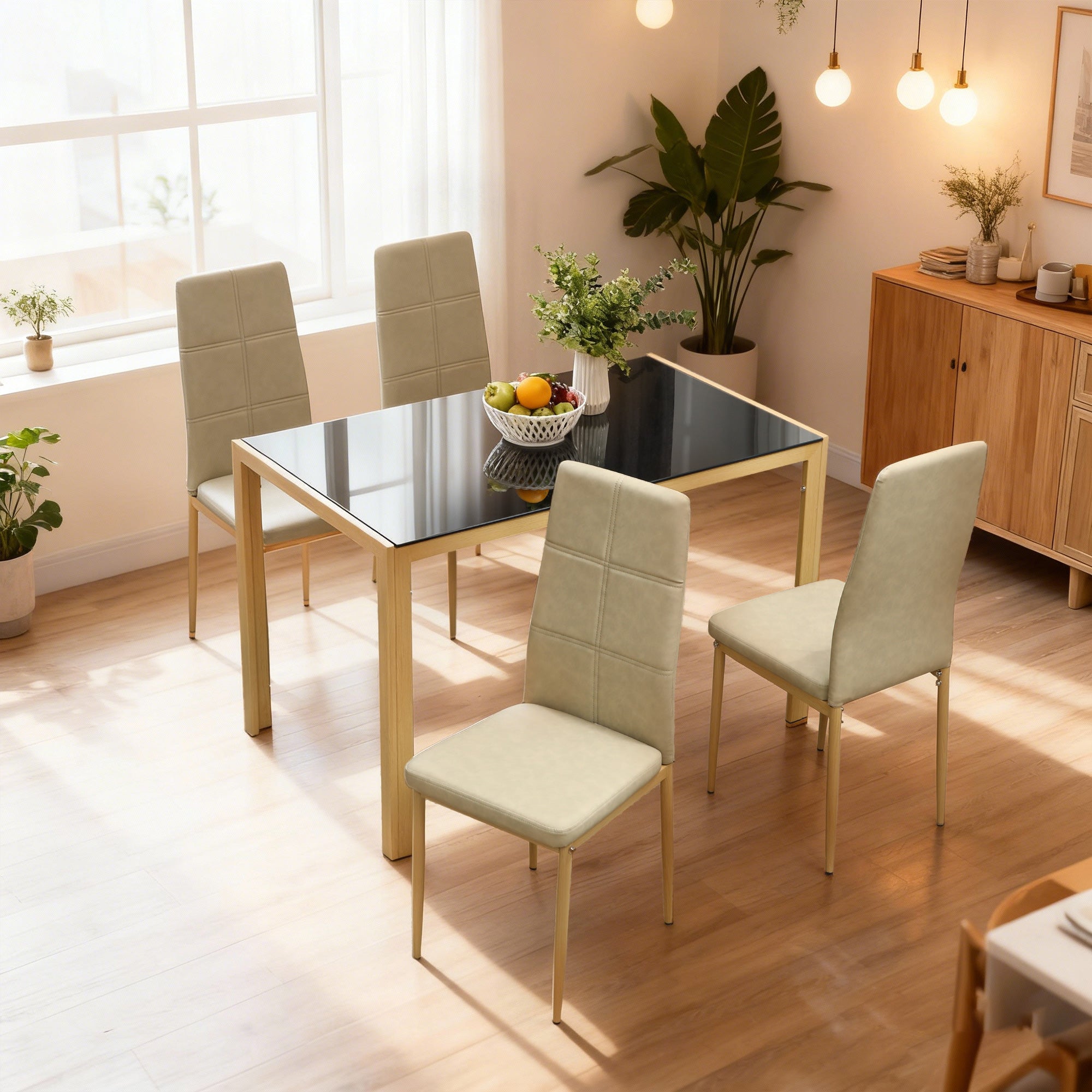 Zaya 5-Piece Rectangular Glass Dining Set for Small Spaces-Light Brown