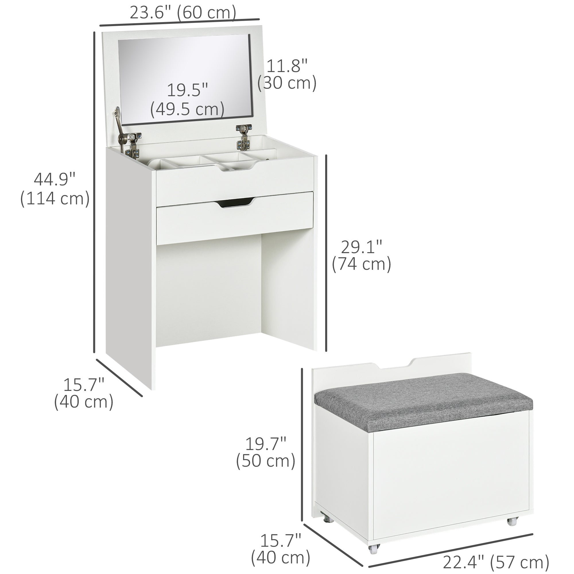 Alice Vanity Set with Flip Top Mirror, Makeup Vanity Table with Stool, Dressing Table with Drawer and 7 Compartments, White