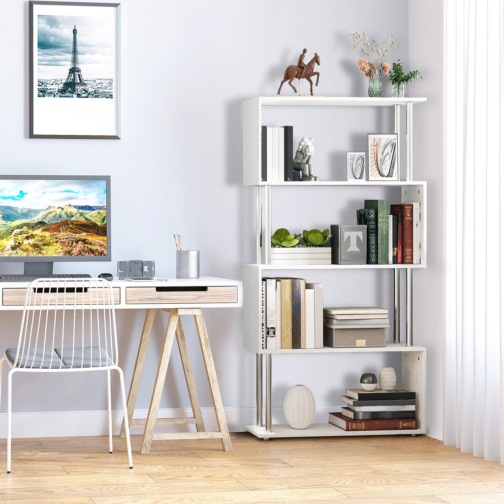 Jude 5-Tiers Geometric Wooden S-Shaped Bookshelf Display with Metal Frame for Living Room, Bedroom & Home Office-White