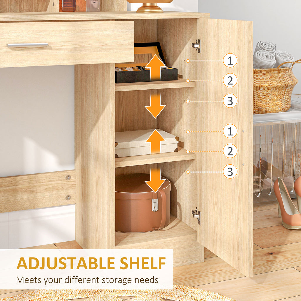 Evelyn Vanity Desk with Mirror, Makeup Vanity w/ Drawer, Open Compartment and Shelves, Cabinet, Adjustable Shelves for Bedroom-Natural Wood