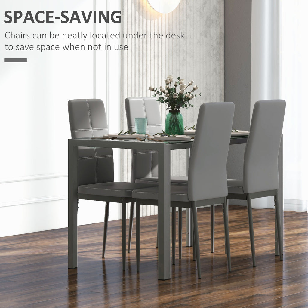 Zaya 5-Piece Rectangular Glass Kitchen Table and Chairs with Metal Frame and Faux Leather Upholstery for Dining Room, Grey