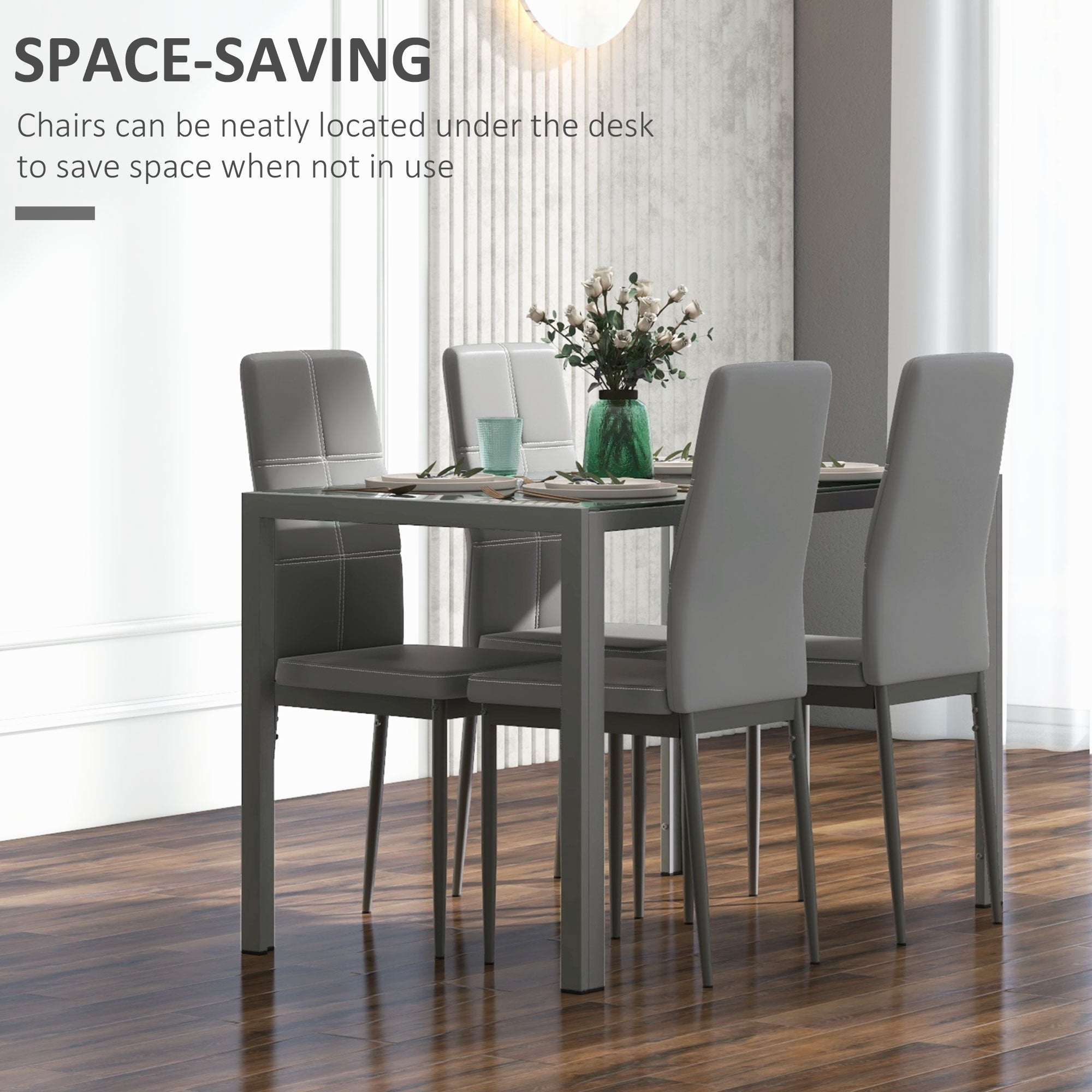 Zaya 5-Piece Rectangular Glass Kitchen Table and Chairs with Metal Frame and Faux Leather Upholstery for Dining Room, Grey