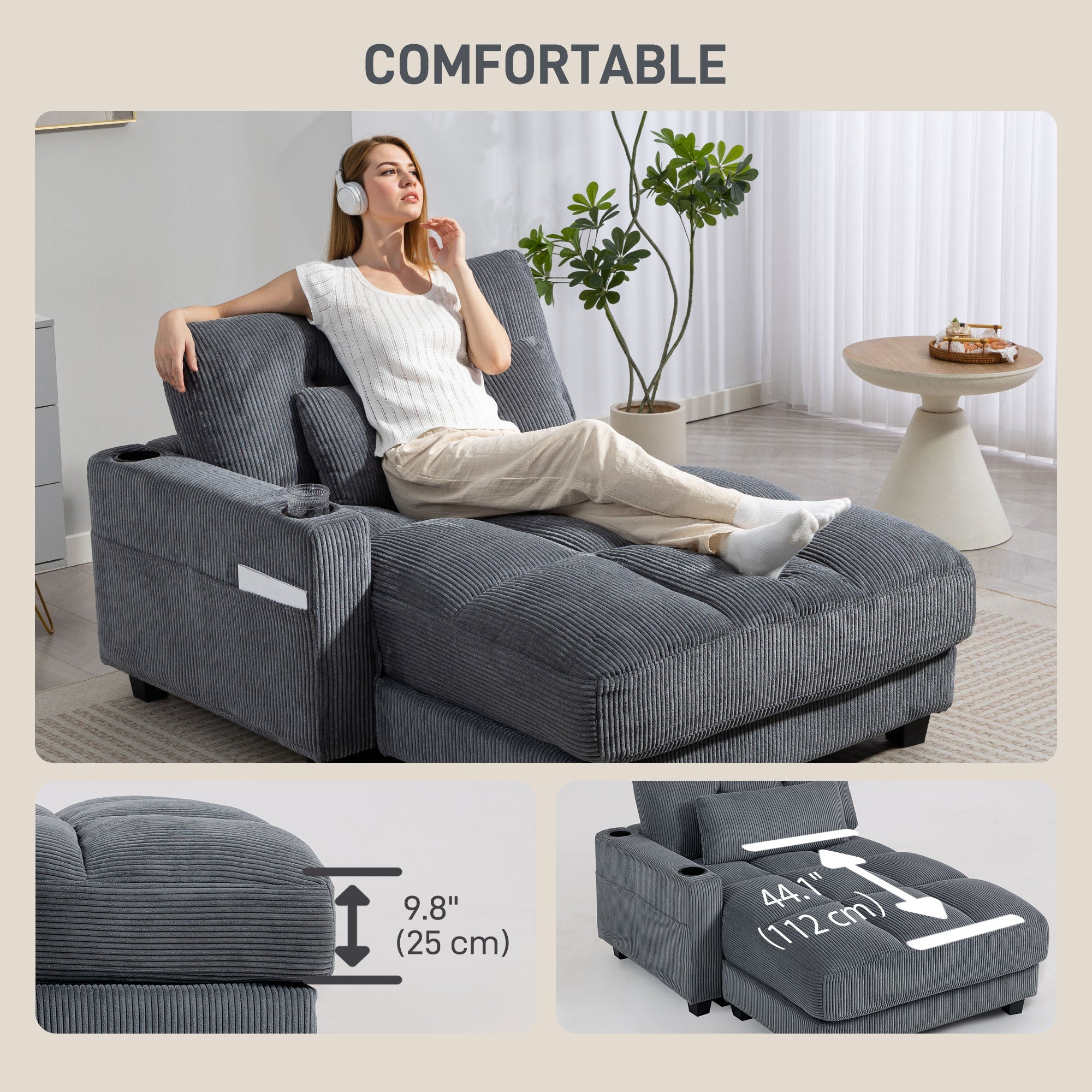 RODRI 58" Chaise Lounge-Indoor, Oversized Corduroy Sofa Bed with 2 Cup Holders, Pillow, Deep Seat Sleeper Couch, Dark Grey