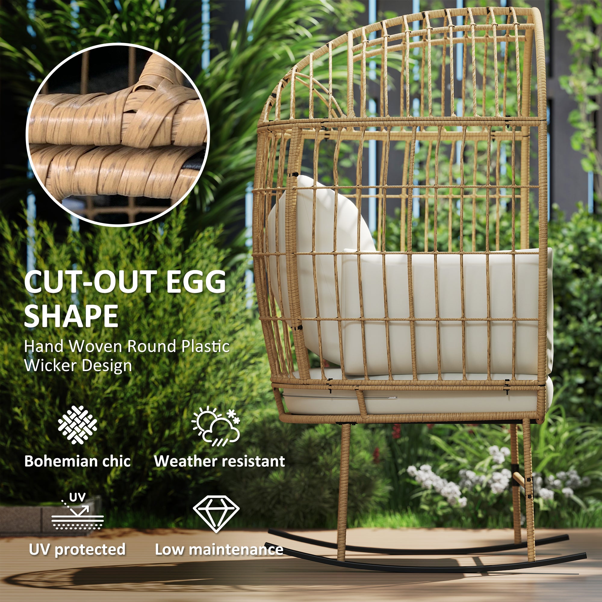 Archer Oversized Rocking Indoor/Outdoor Egg Chair with Thickened Cushions-Beige
