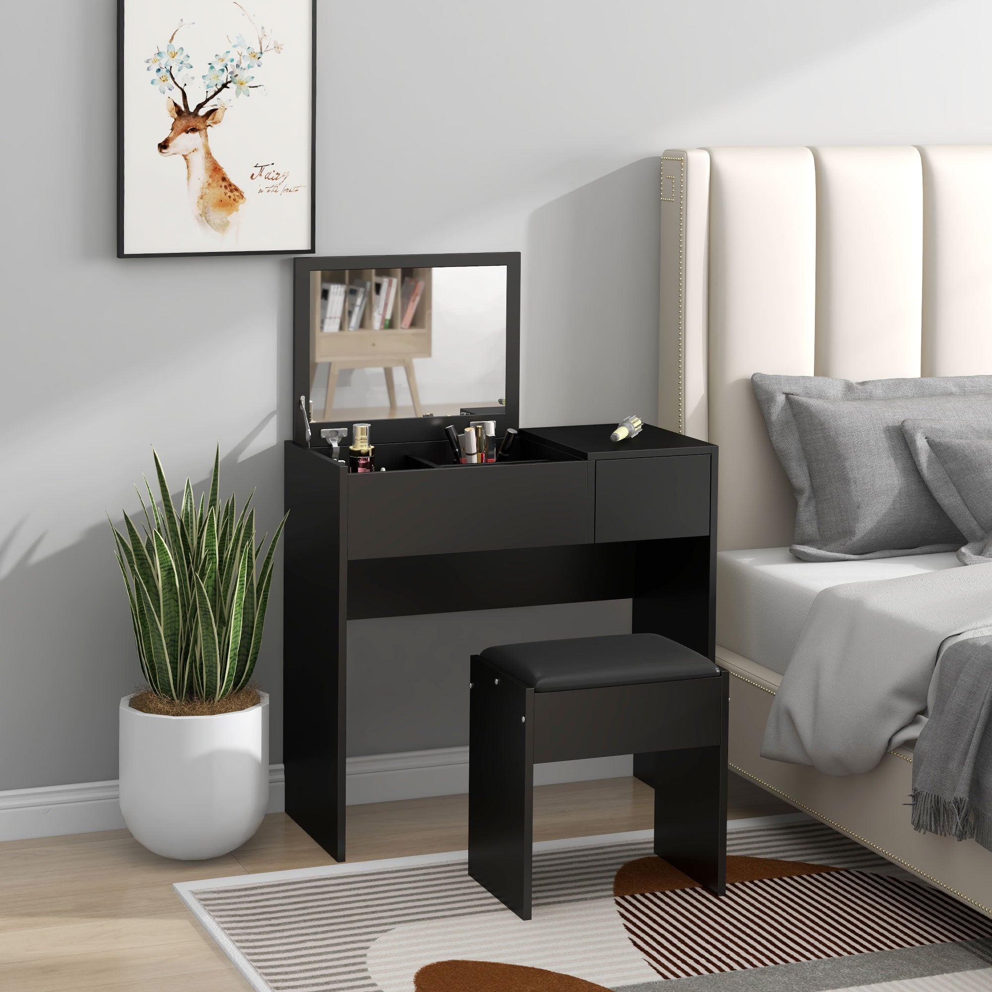Mia Modern Vanity Set with Flip Top Mirror and Cushioned Stool, Dressing Table with Storage Drawer for Bedroom, Black