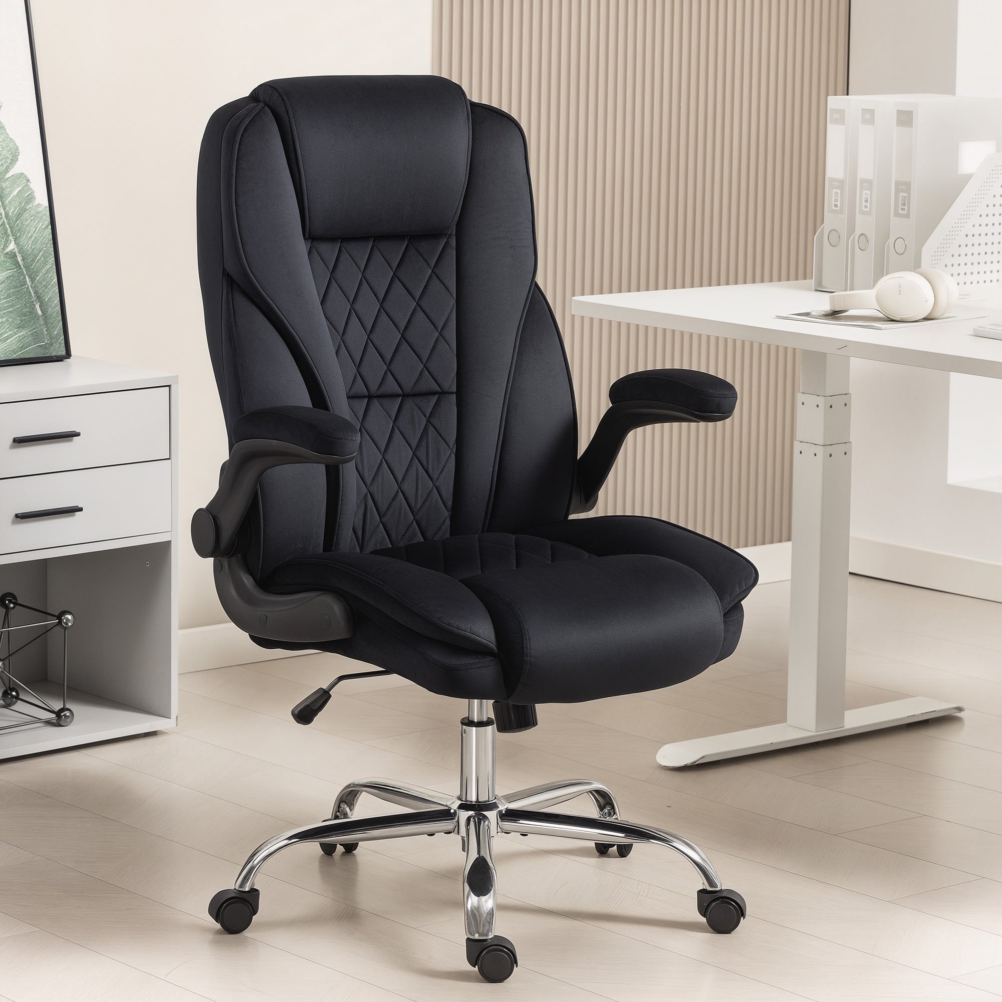 Hayden Executive Office Chair, Desk Chair with Flip-up Armrest, Diamond Fabric Computer Chair Office, Black
