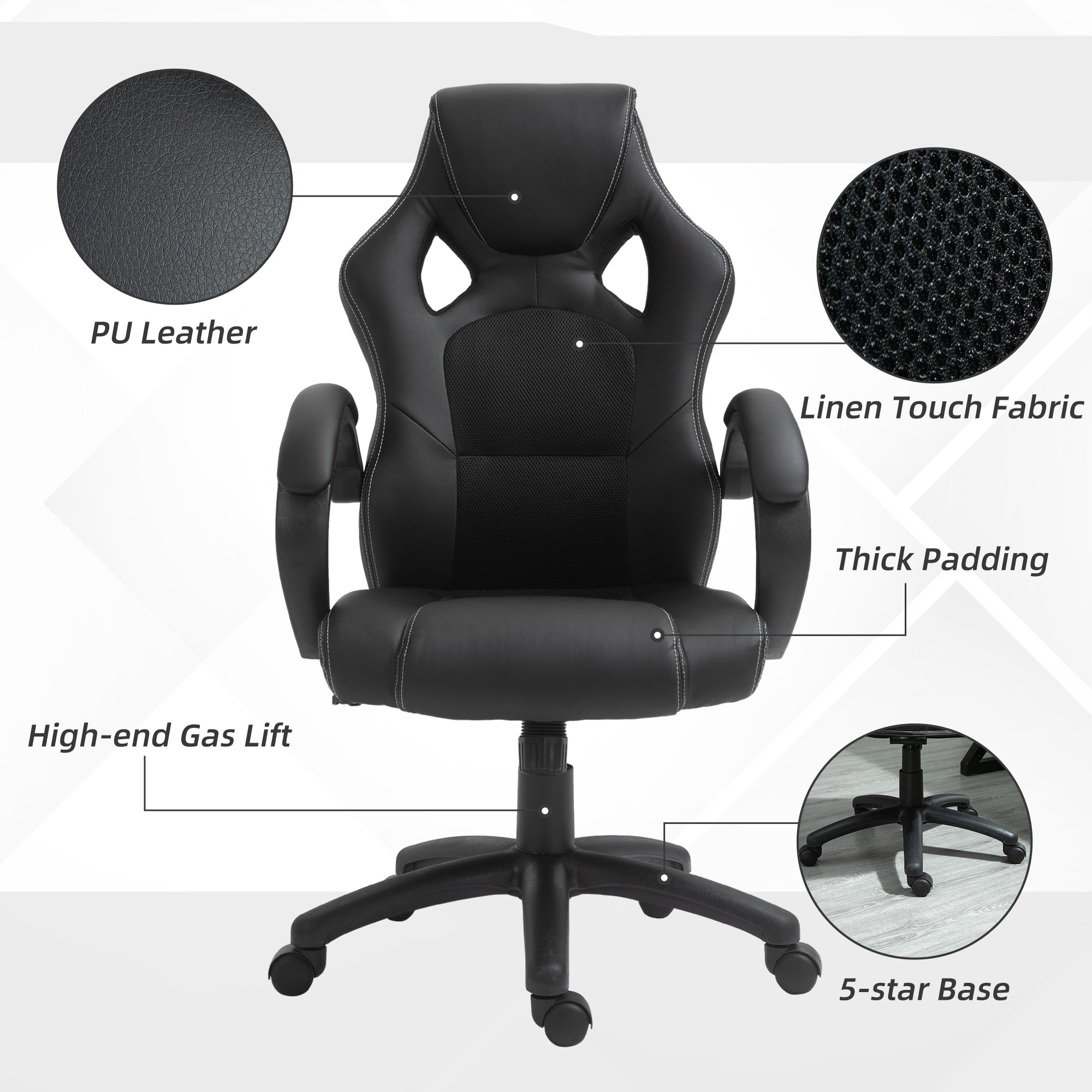 Erling Gaming Chair-Office Chair with Swivel Wheels, Padded Headrest, Tilt Function, Black