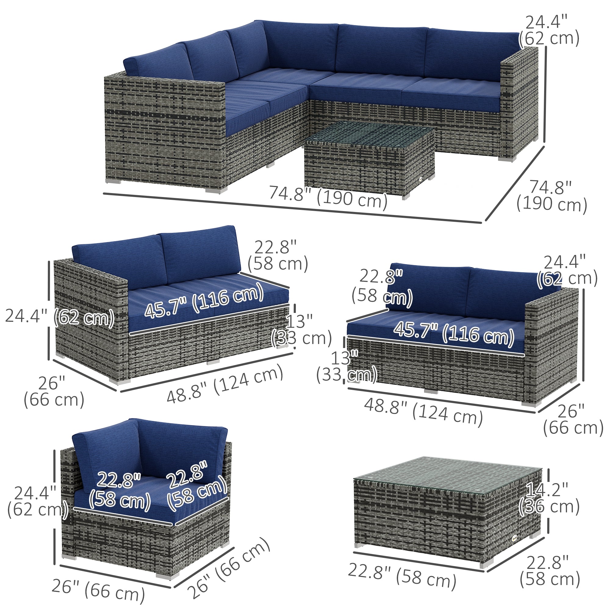 Brooke 4 Pieces Rattan Wicker Outdoor Conversation Furniture Set with Center Table-Blue