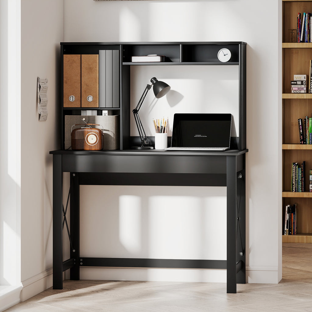 Sloan Computer Desk with Hutch, Home Office Table with Storage Shelves and Open Compartments for Writing, Work, Black