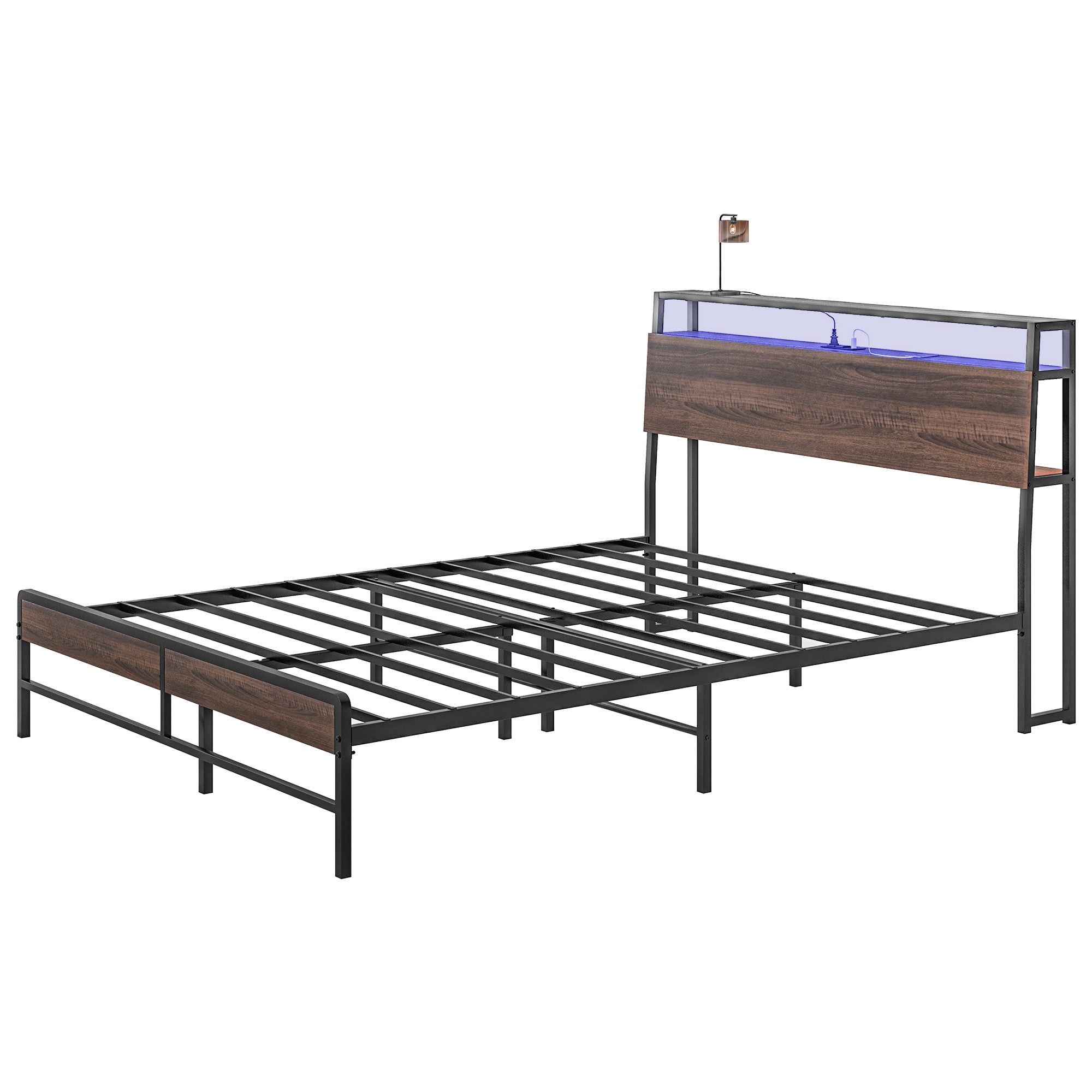 Logan Queen Size Bed Frame with LED Lights and Charging Station, Queen Bed Frame with Storage Headboard, Noise-Free, Walnut