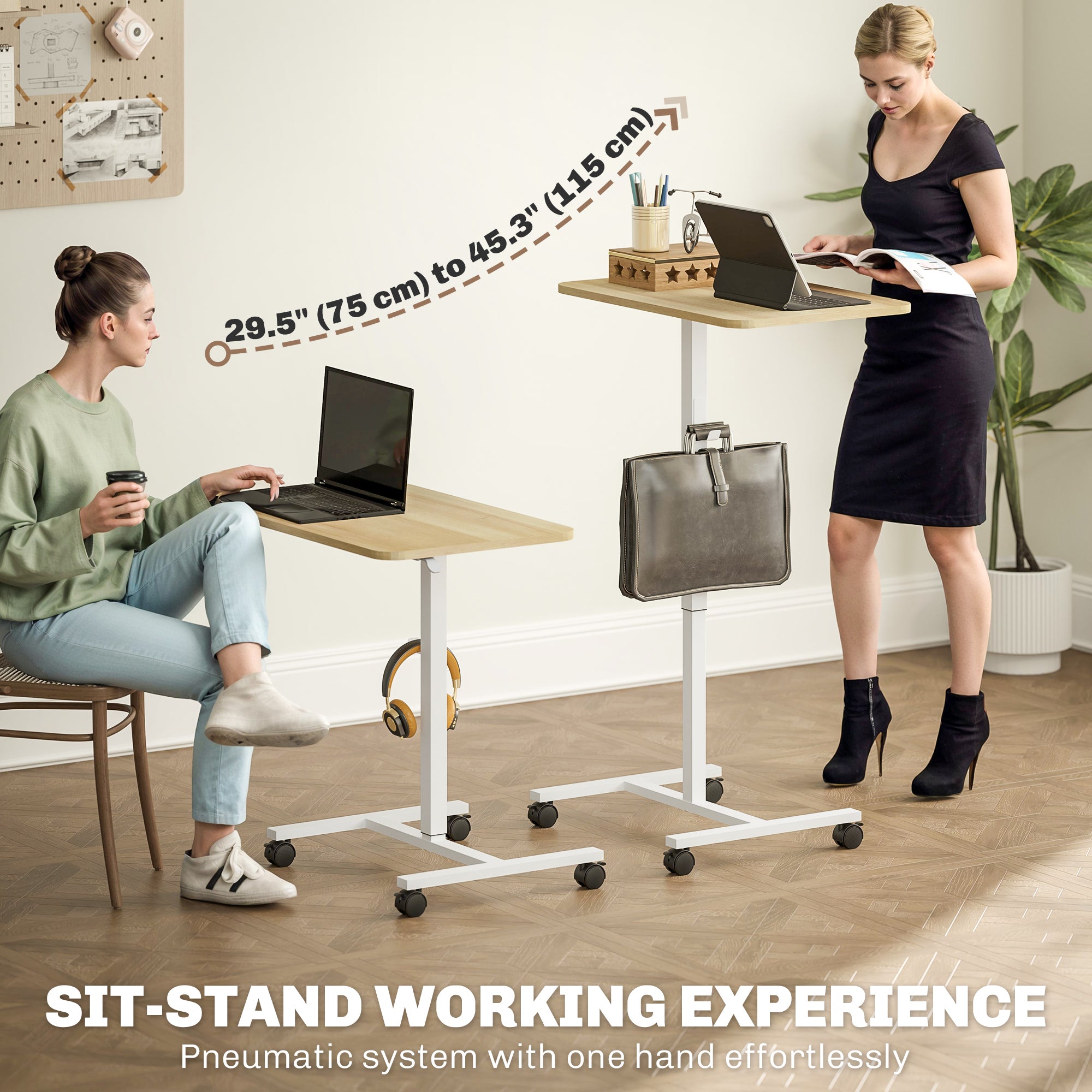 Eden Height Adjustable Standing Desk, Pneumatic Sit Stand Desk with Wheels and Headphone Hook for Home Office, Natural
