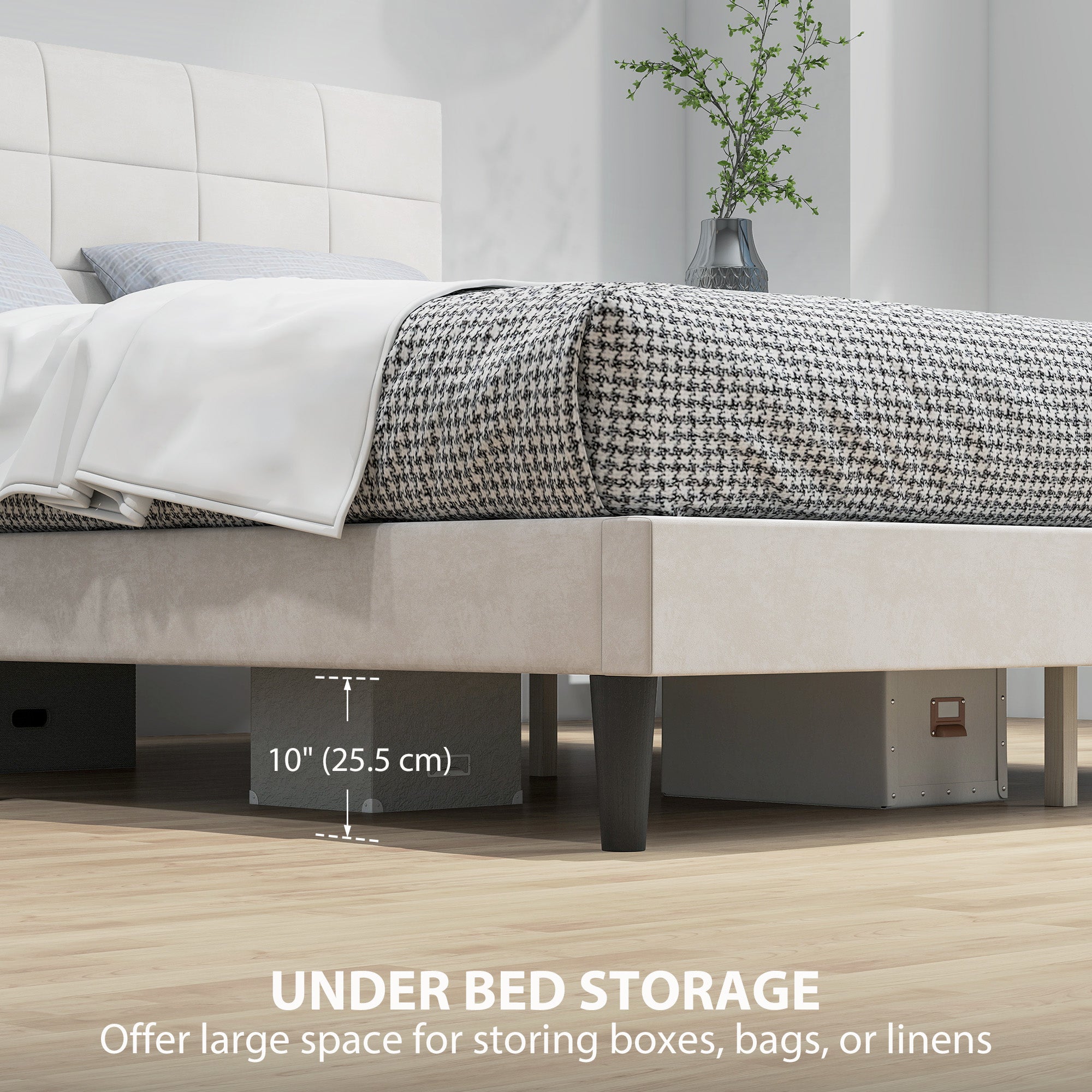 Harper Queen Size Bed Frame with Upholstered Headboard, Modern Platform Bed Frame with Wood Slats, 1100 lbs Capacity, Cream