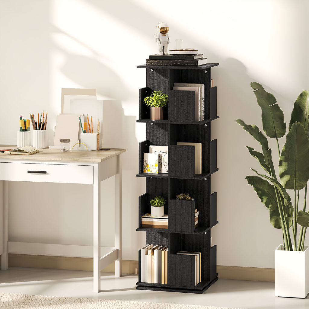 Brett 360 Rotating 4 Tier Bookshelf with with Anti-Tipping Straps and Anti-Slip Pads  for Books, Plants, Decorations-Black