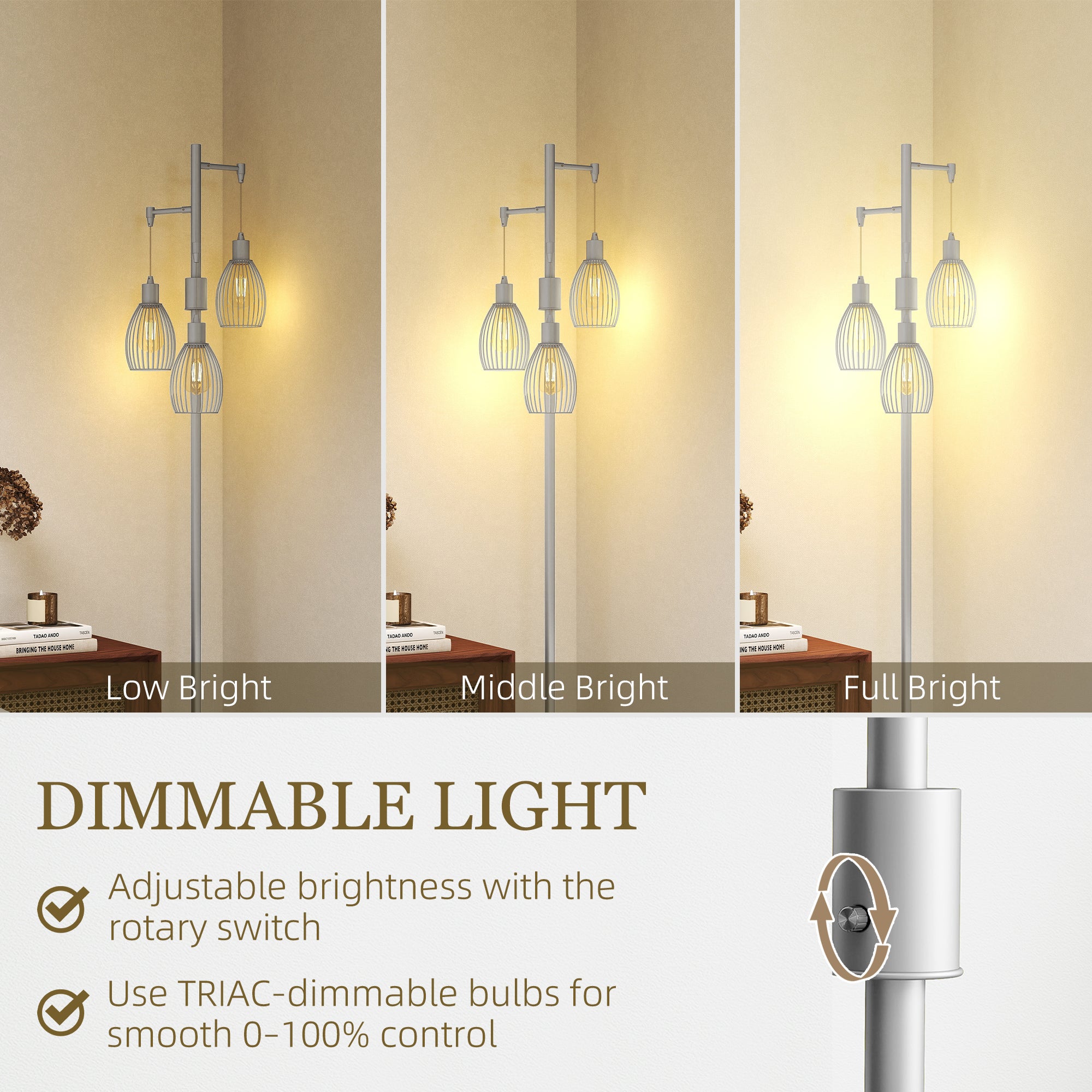 Carmen Dimmable Floor Lamp with 3 Hanging Wire Lampshades-Silver