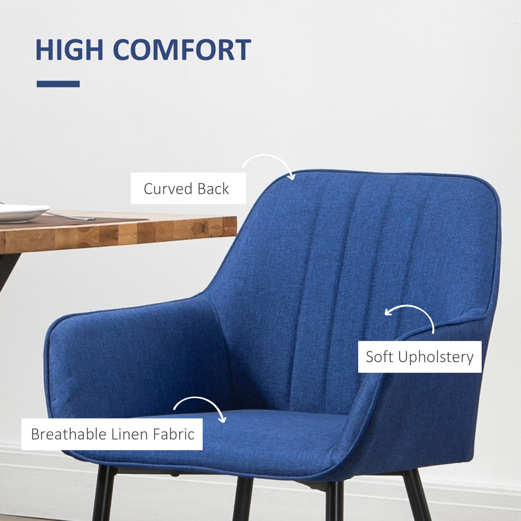 Robbie Blue Dining Chairs Set of 2, Upholstered Linen Fabric Accent Chairs with Metal Legs, Dark Blue