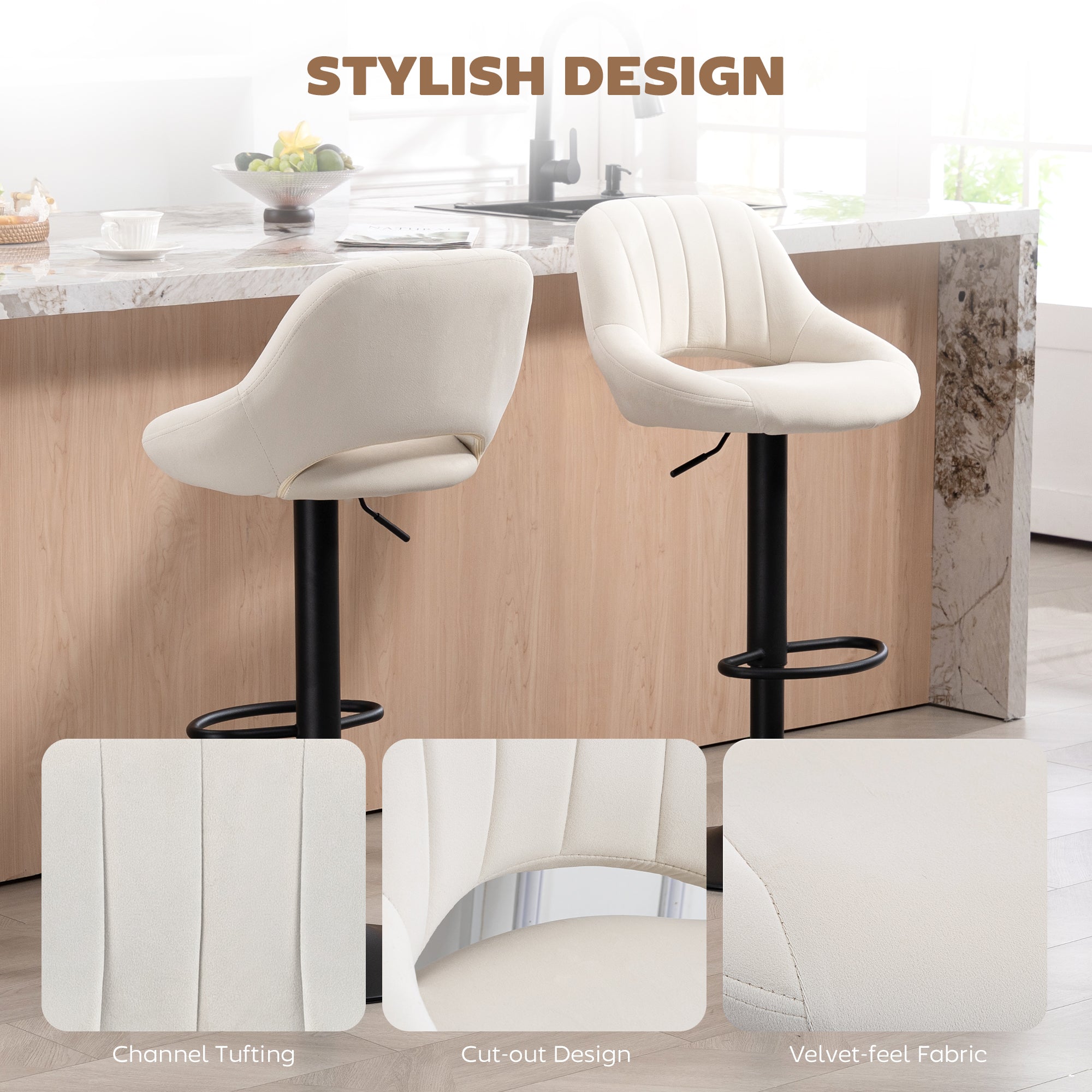 Cody Set of 2 Swivel and Adjustable height Counter/Barstools with Fabric Upholstery-Cream