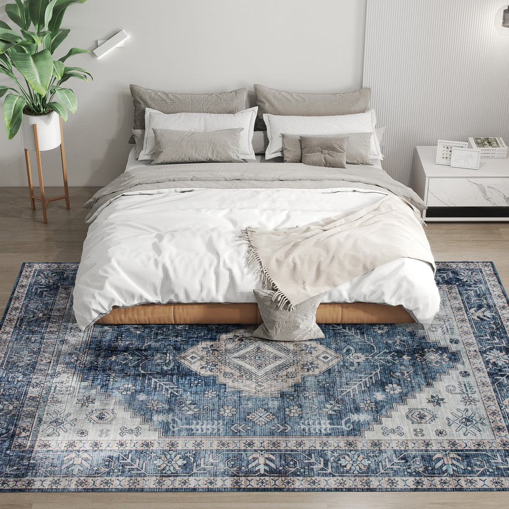 Brady 6x9 Vintage Machine Washable and Non-Slip Floor Area Rug-Blue