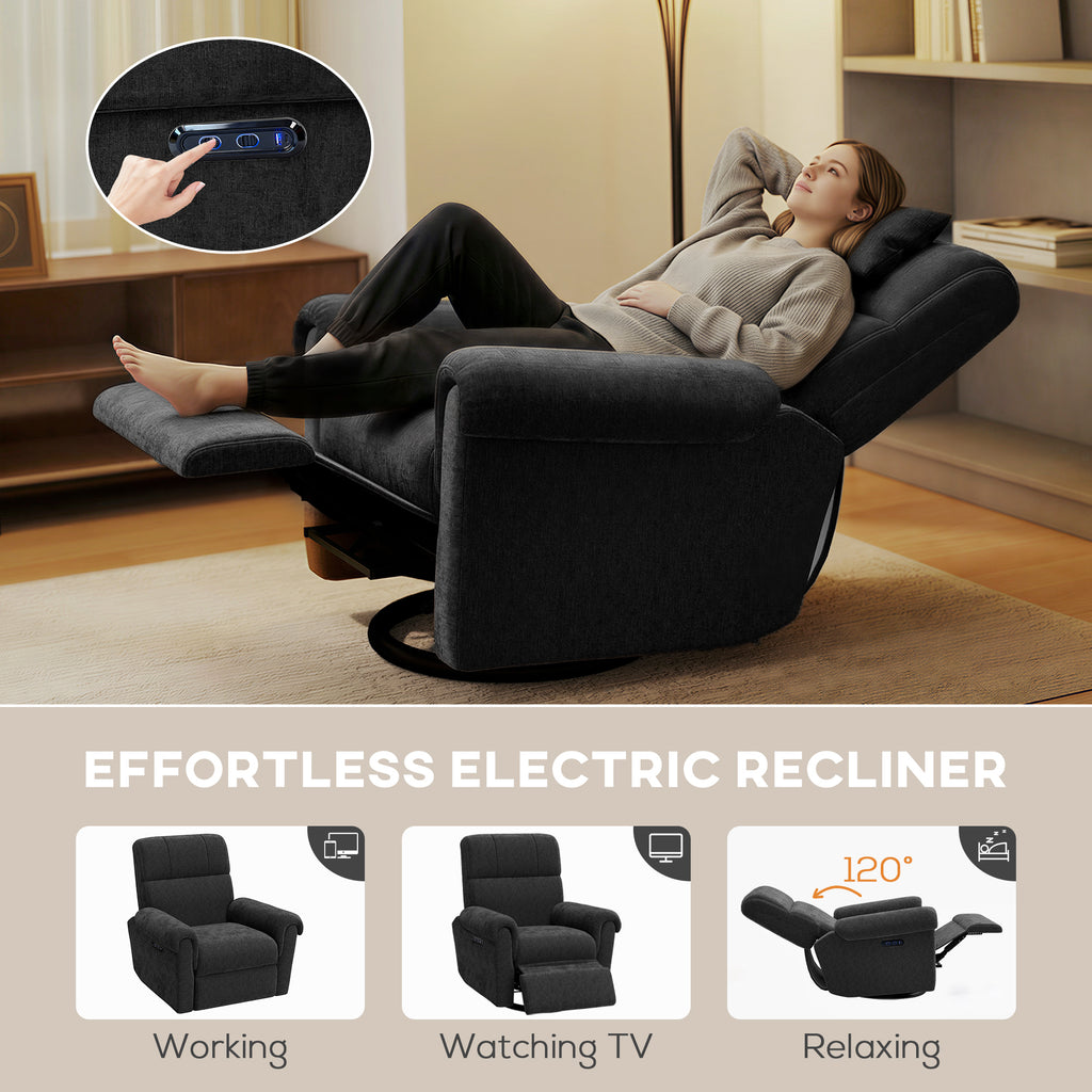 Flynn Power Reclining Chair with USB Ports, Swivel and Rocking Functions-Charcoal Grey/Black