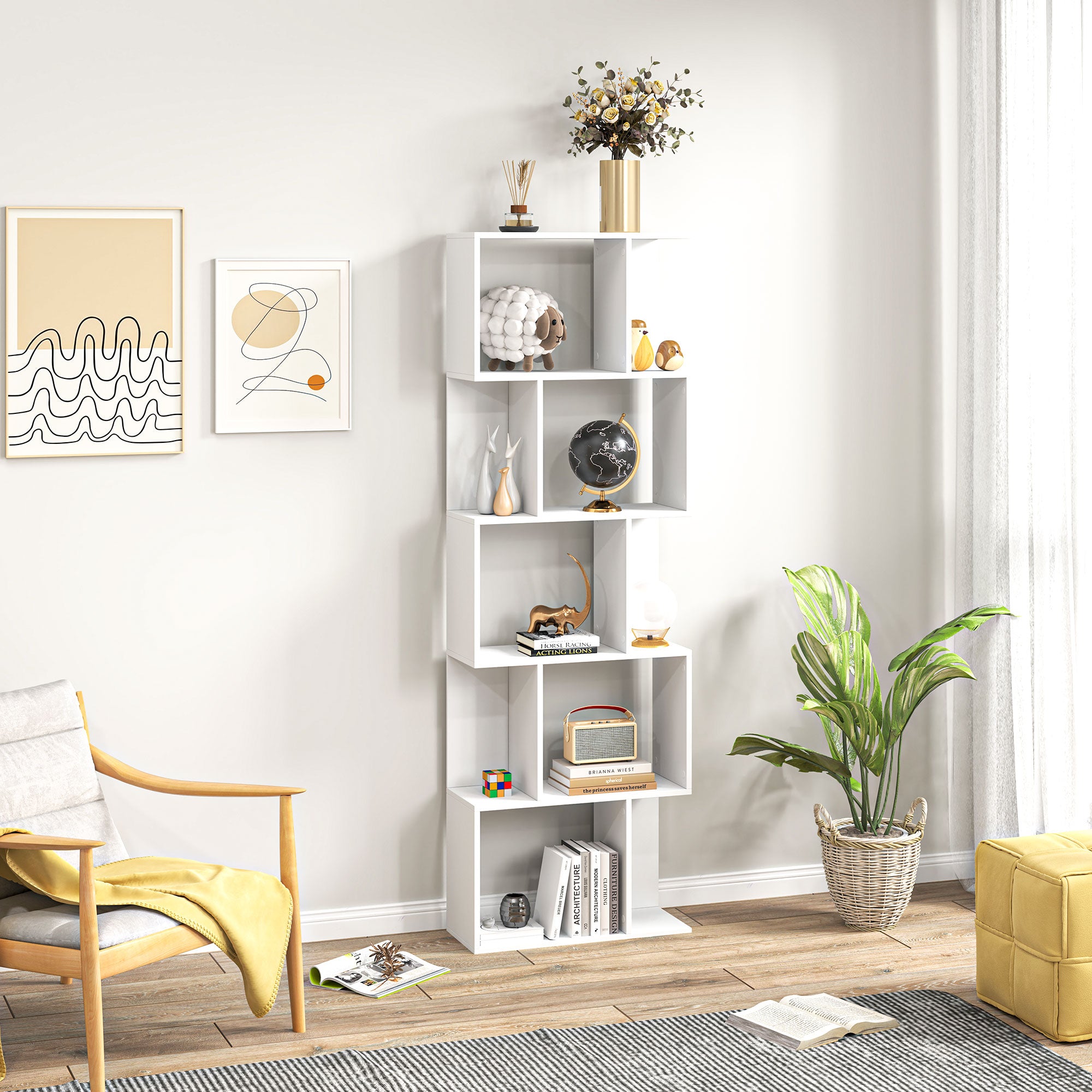 Nevada Modern 5-Tier Geometric S-Shaped Bookcase-White