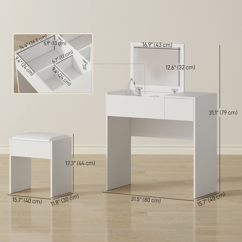 Mia Modern Vanity Set with Flip Top Mirror and Cushioned Stool, Dressing Table with Storage Drawer for Bedroom, White