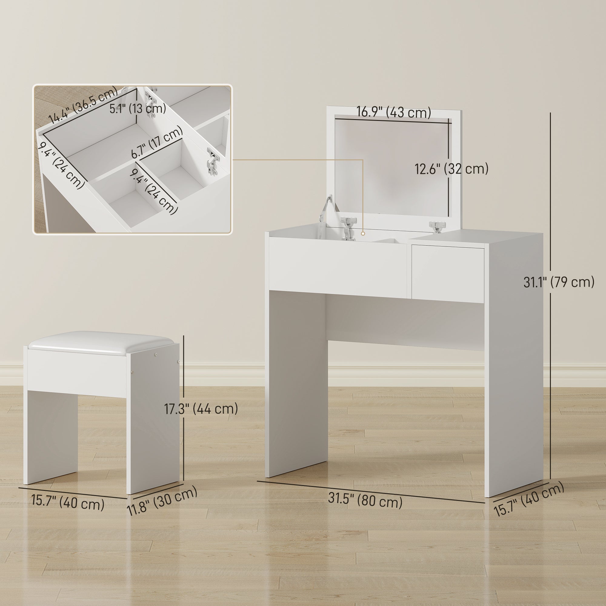Mia Modern Vanity Set with Flip Top Mirror and Cushioned Stool, Dressing Table with Storage Drawer for Bedroom, White