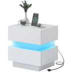 Emma Bedside Table with Charging Station and LED Light Modern Nightstand with USB Ports AC Outlets Drawers Remote, White