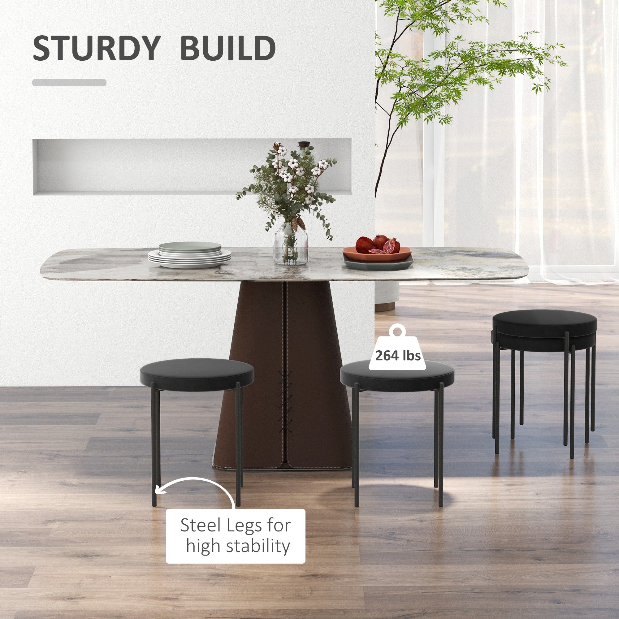 Noel Backless Round Dining Chairs, Modern Stacking Stools Set of 4, Kitchen Chairs with Metal Legs, Black