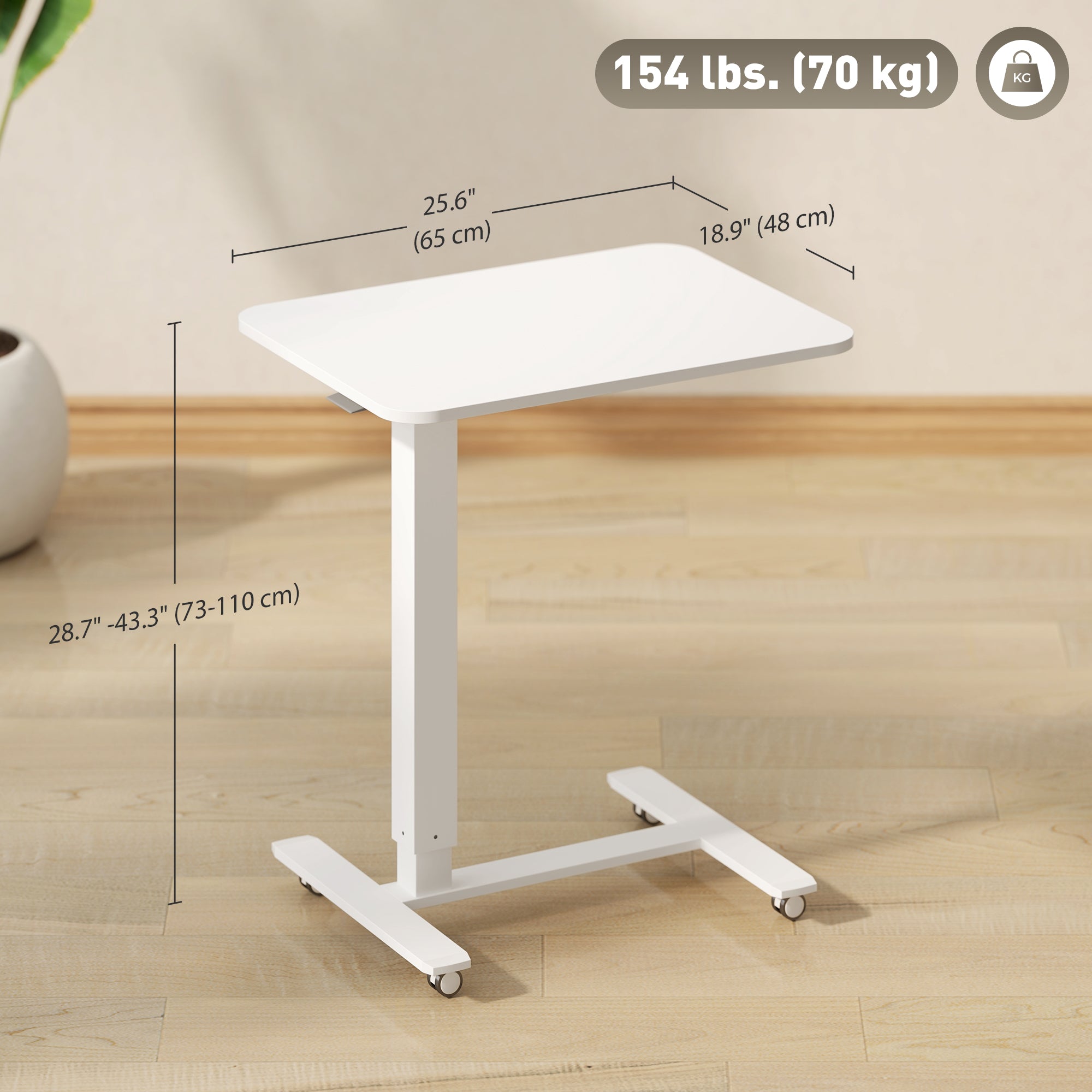Atlas Pneumatic Standing Desk Adjustable Height, Mobile Stand Up Desk with Wheels, 43 Inch Portable Rolling Table, White