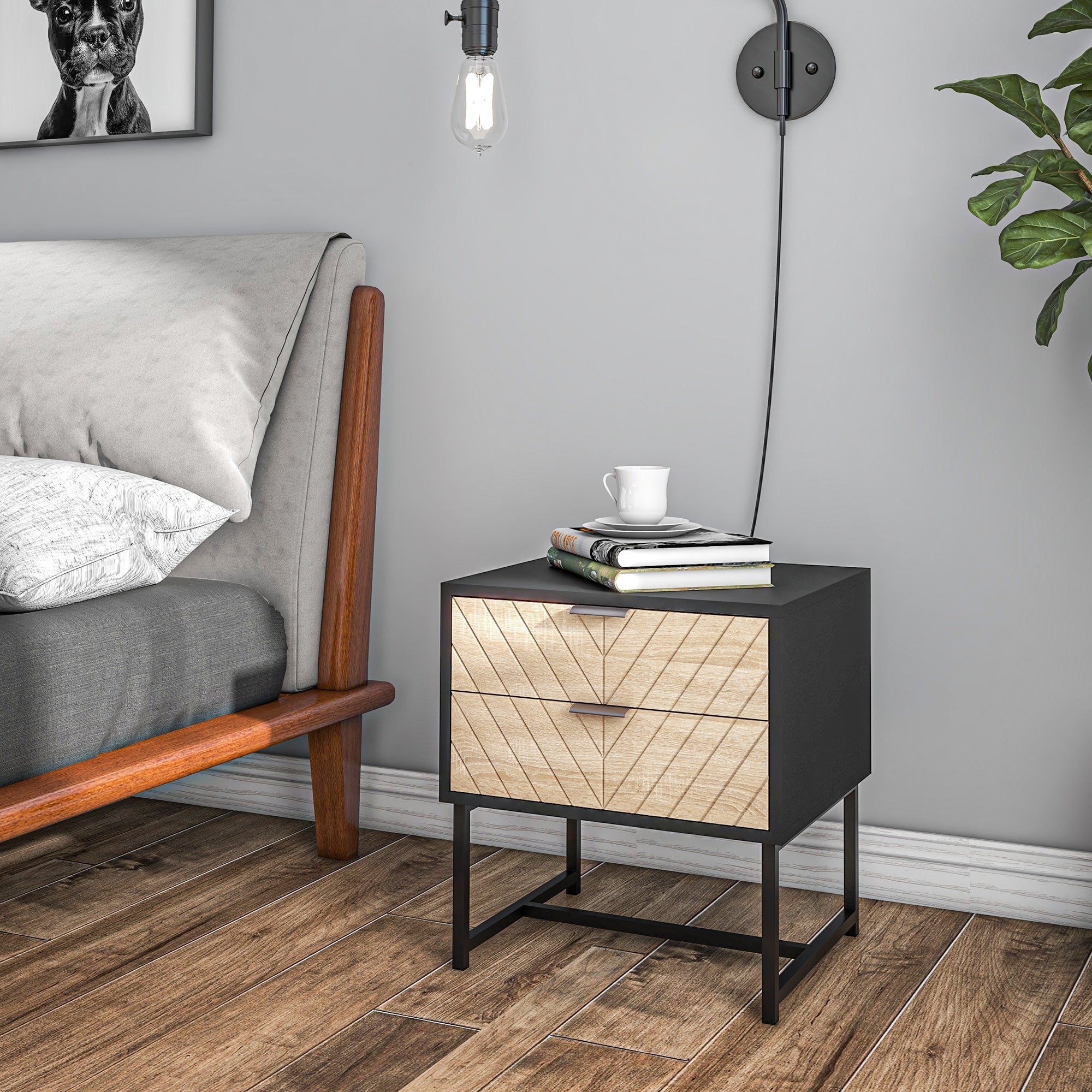 Modern Bedside Table with 2 Drawers and Steel Frame, Sofa Side Table for Bedroom Living Room, Black and Oak