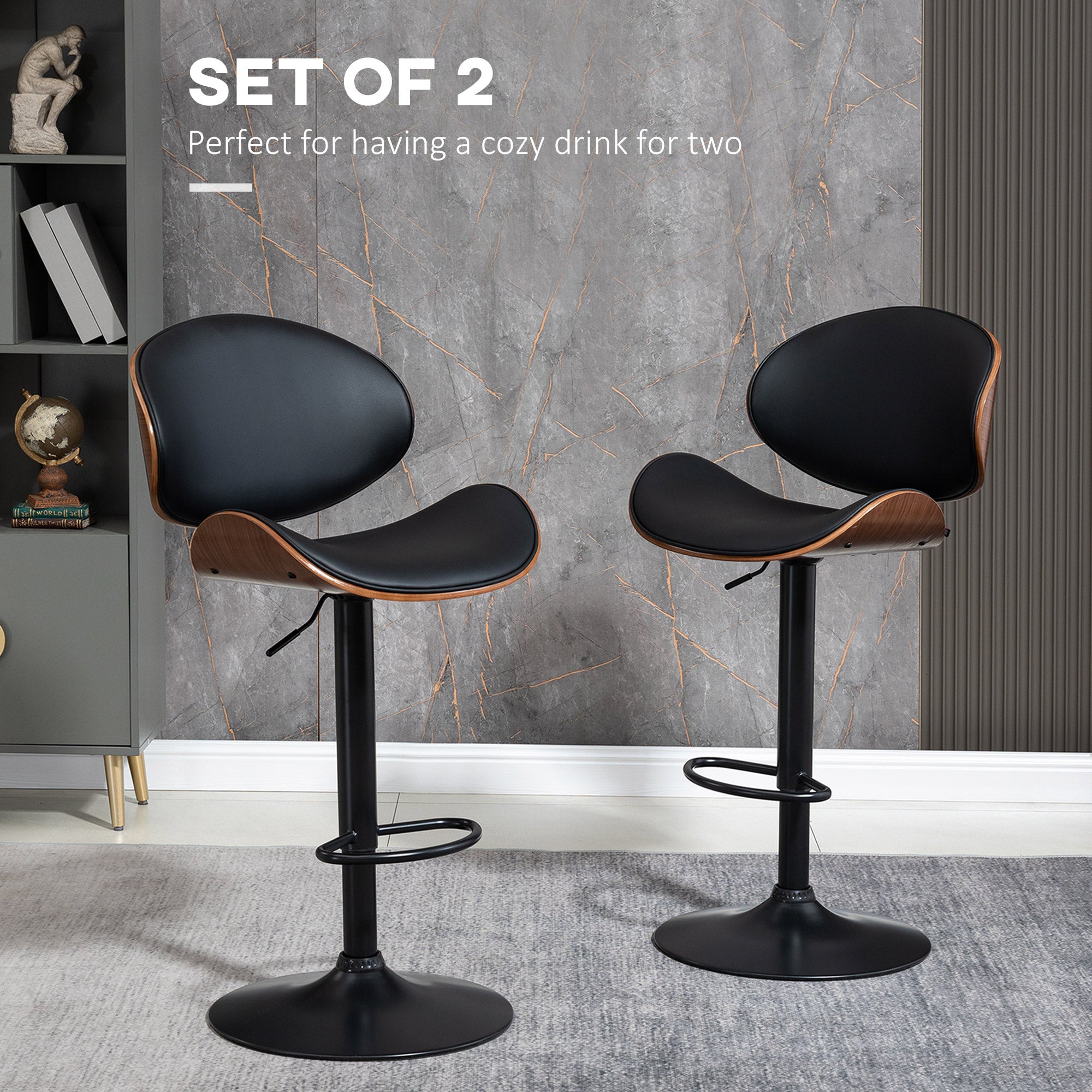 Alpine Adjustable Stools Set of 2, Modern PU Leather Adjustable Swivel Counter/Barstools with Curved Back, Footrest and Steel Base, Black