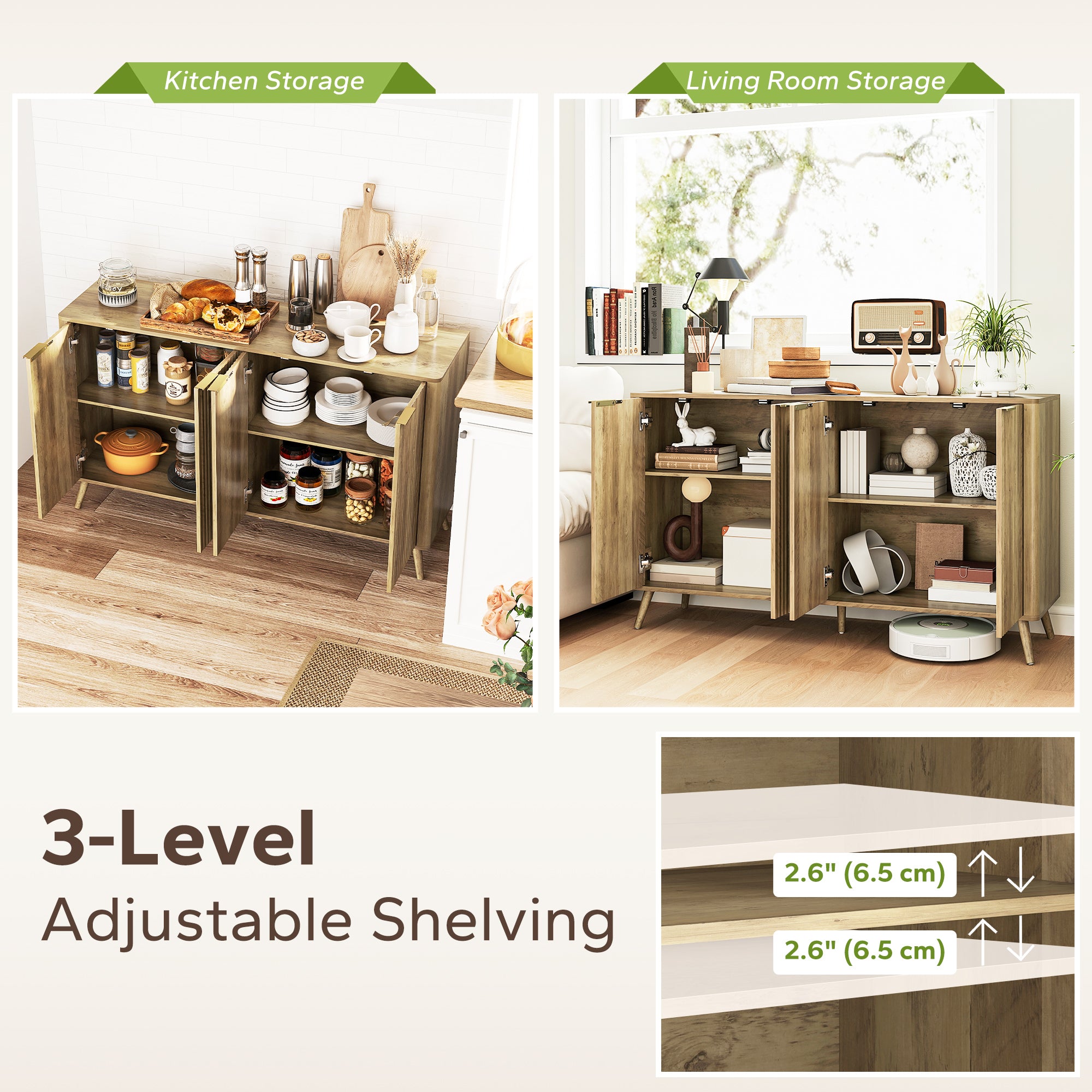 Rory 55" Buffet Cabinet, Modern Sideboard with 4 Fluted Doors and 2 Adjustable Shelves for Kitchen, Living Room, White