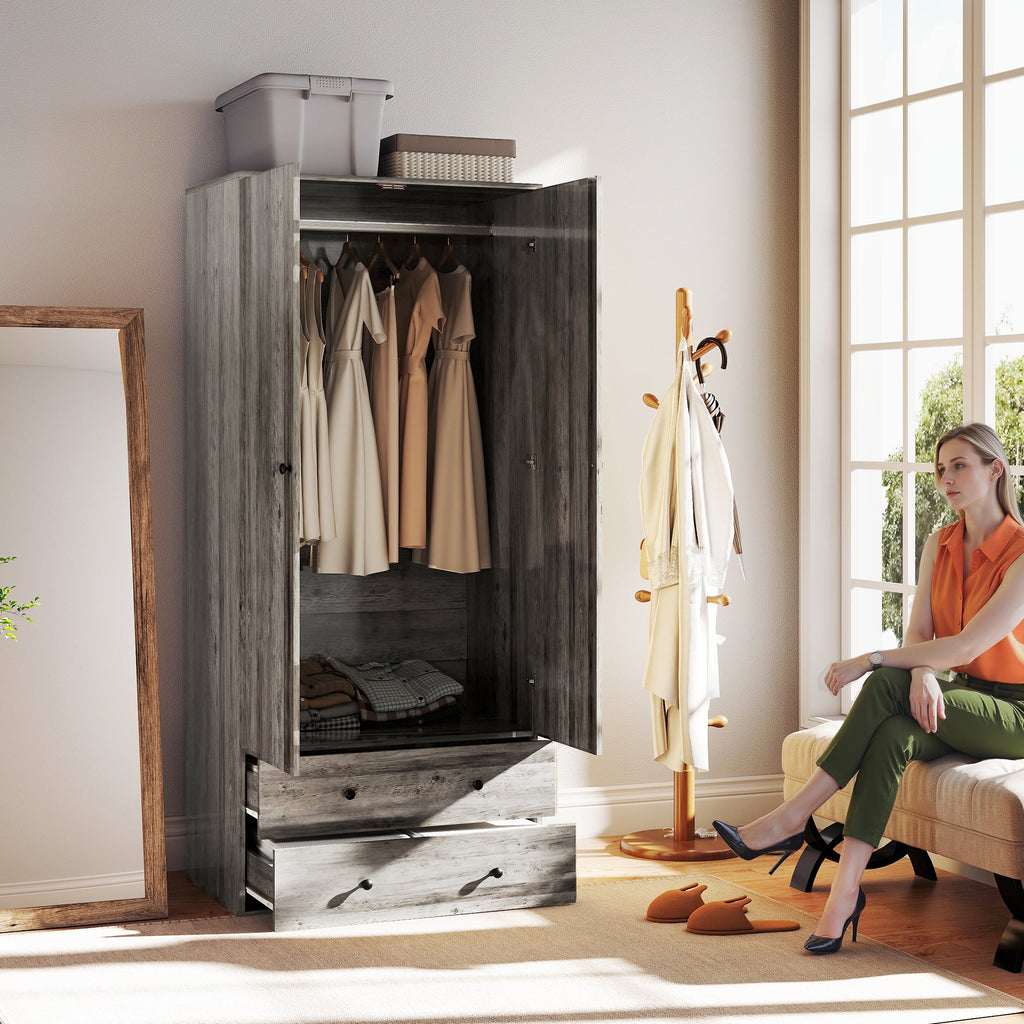 Briar Modern Wardrobe Closet Armoire with 2 Drawers and Hanging Rod, Clothes Storage Organizer for Bedroom, Grey