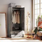 Briar Modern Wardrobe Closet Armoire with 2 Drawers and Hanging Rod, Clothes Storage Organizer for Bedroom, Grey