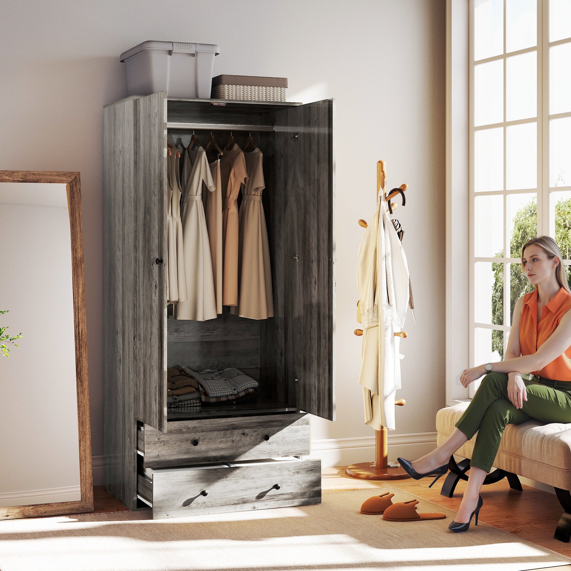 Briar Modern Wardrobe Closet Armoire with 2 Drawers and Hanging Rod, Clothes Storage Organizer for Bedroom, Grey