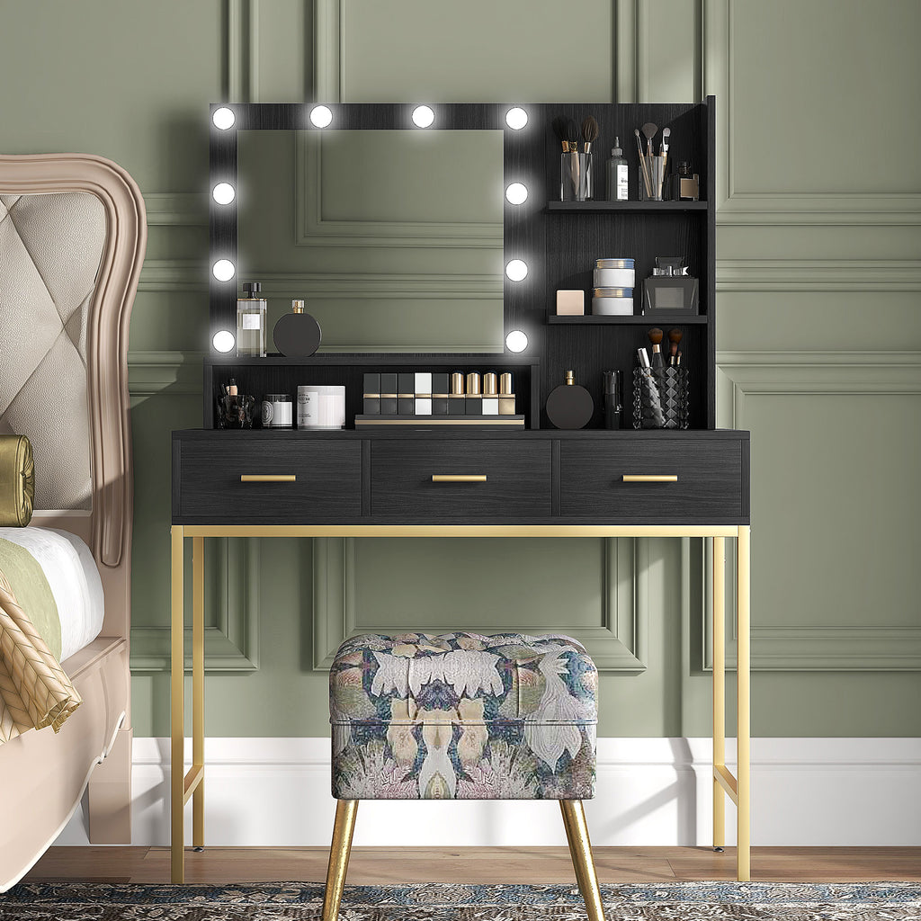 Sophia Illuminated Dressing Table, LED Vanity Table with Mirror, 3 Drawers and Storage Shelves for Bedroom, Black