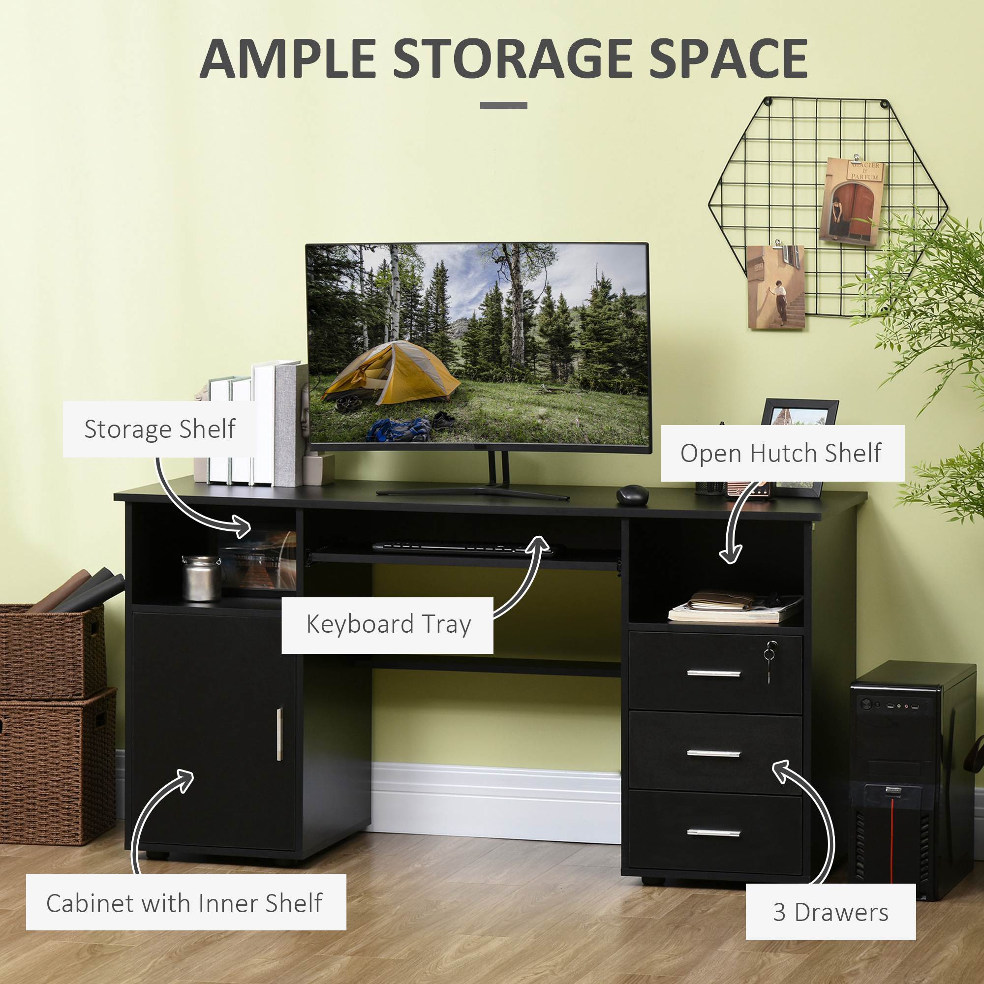 Bloom 57" Computer Desk with Drawers, Home Office Desk with Keyboard Tray, Open Shelves and Lockable Drawer-Black