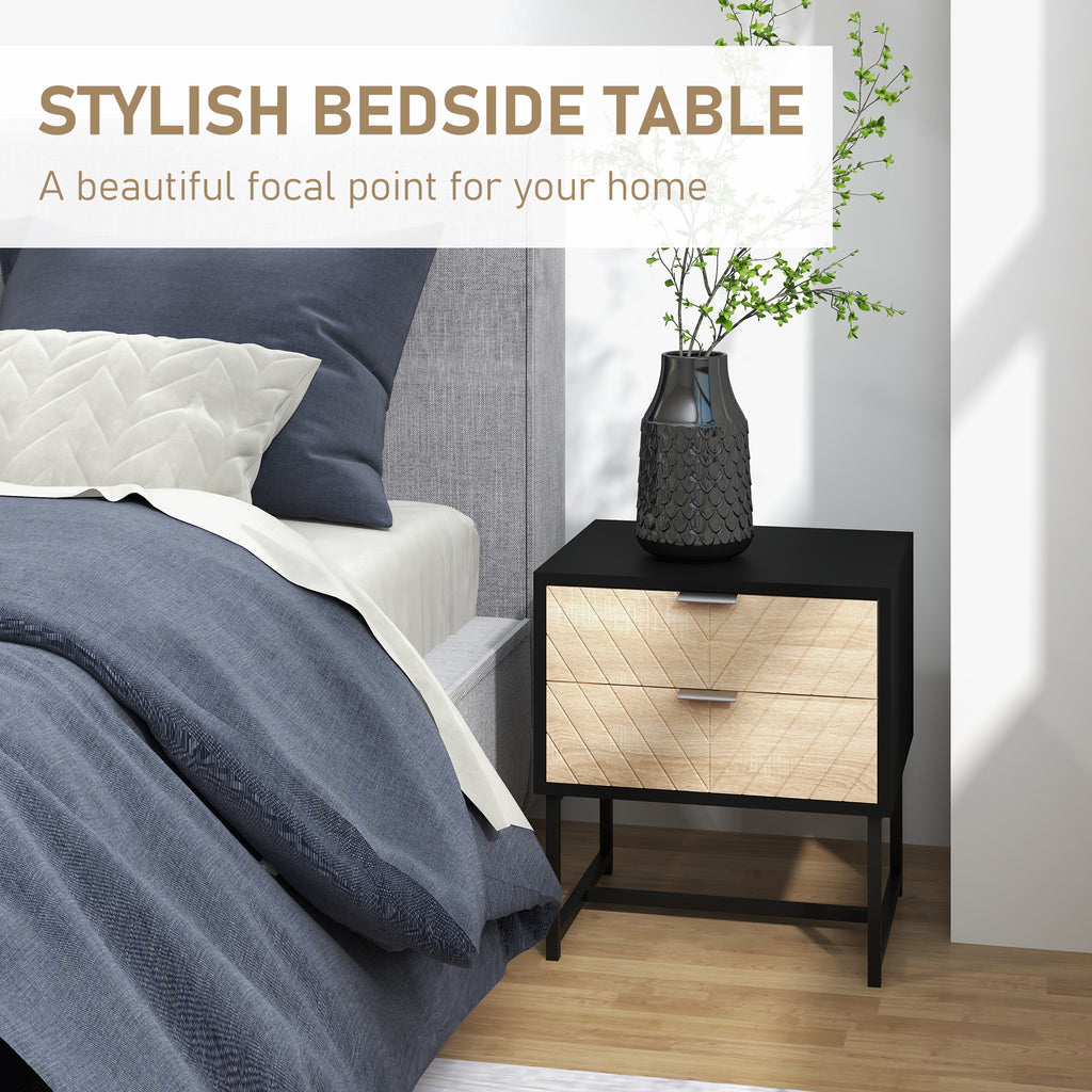 Modern Bedside Table with 2 Drawers and Steel Frame, Sofa Side Table for Bedroom Living Room, Black and Oak