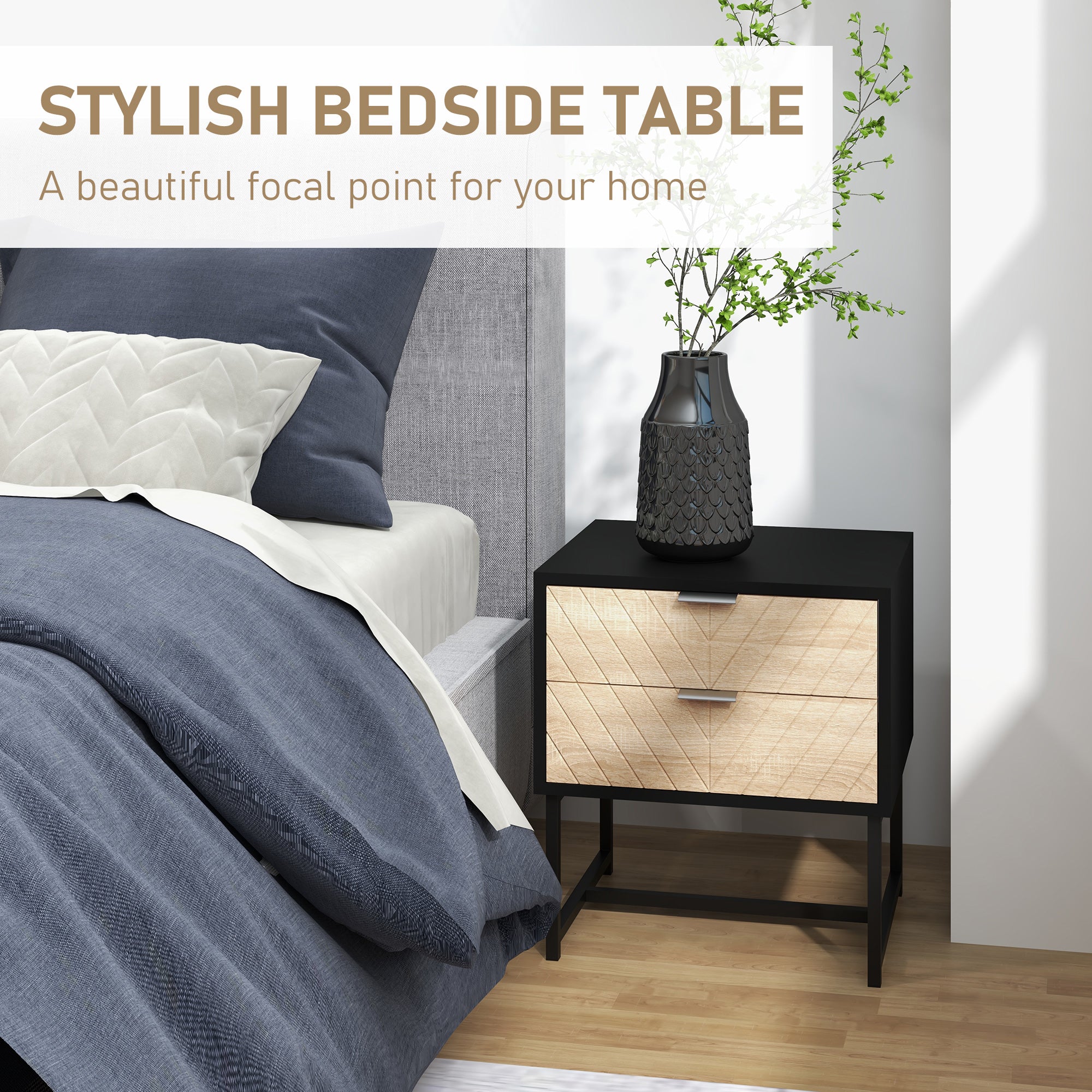 Modern Bedside Table with 2 Drawers and Steel Frame, Sofa Side Table for Bedroom Living Room, Black and Oak