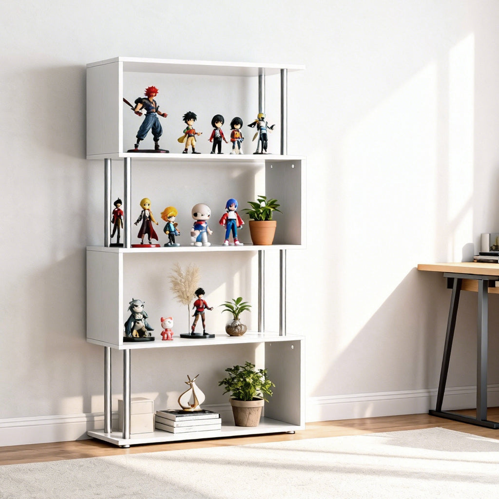 Jude 5-Tiers Geometric Wooden S-Shaped Bookshelf Display with Metal Frame for Living Room, Bedroom & Home Office-White