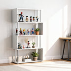 Jude 5-Tiers Geometric Wooden S-Shaped Bookshelf Display with Metal Frame for Living Room, Bedroom & Home Office-White