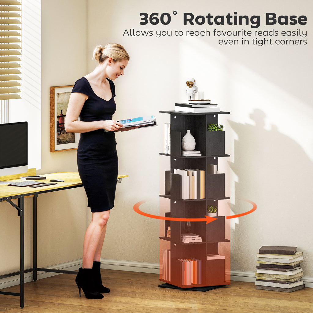Brett 360 Rotating 4 Tier Bookshelf with with Anti-Tipping Straps and Anti-Slip Pads  for Books, Plants, Decorations-Black