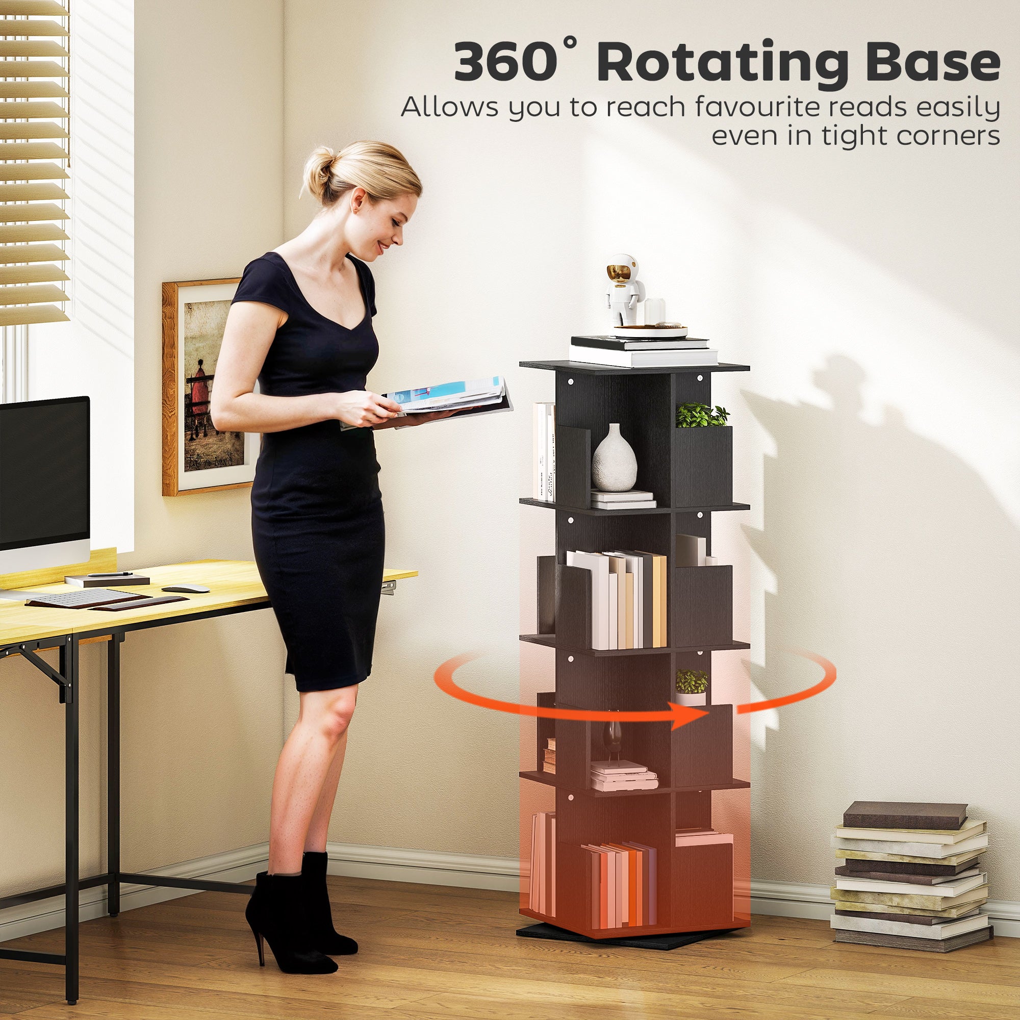 Brett 360 Rotating 4 Tier Bookshelf with with Anti-Tipping Straps and Anti-Slip Pads  for Books, Plants, Decorations-Black