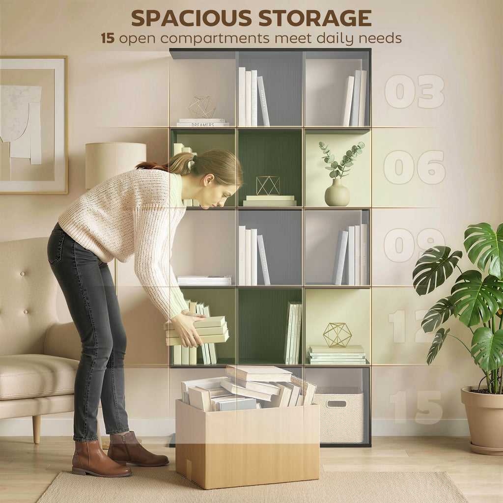 Ari 5-Tier S Shaped Geometric Bookshelf with 15 Compartments-Black